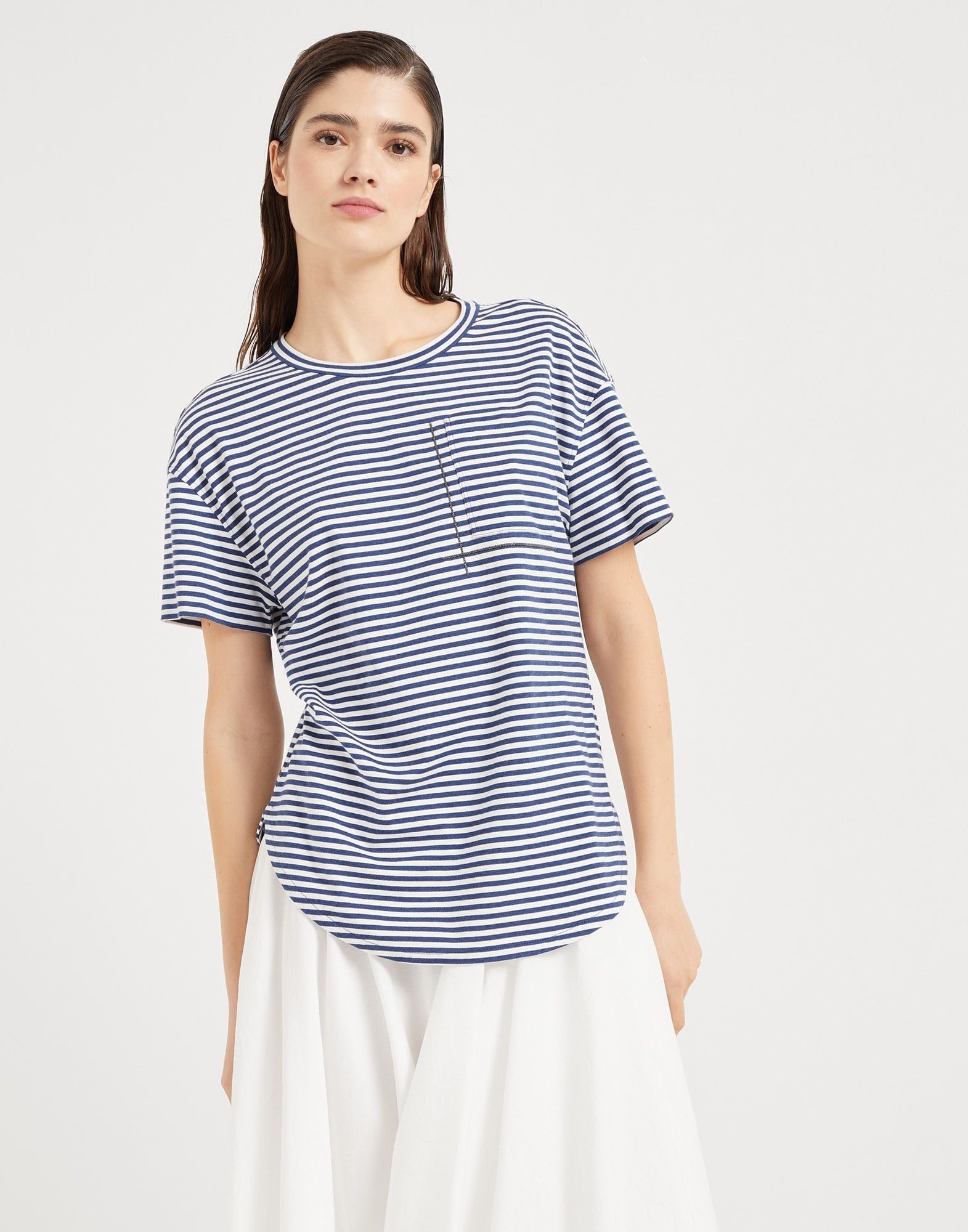 Brunello Cucinelli o1la1rc1a0326 Cotton Striped Jersey T-Shirt in White/Blue Size M / US 6-8 / IT 42-44 - 1 Thumbnail