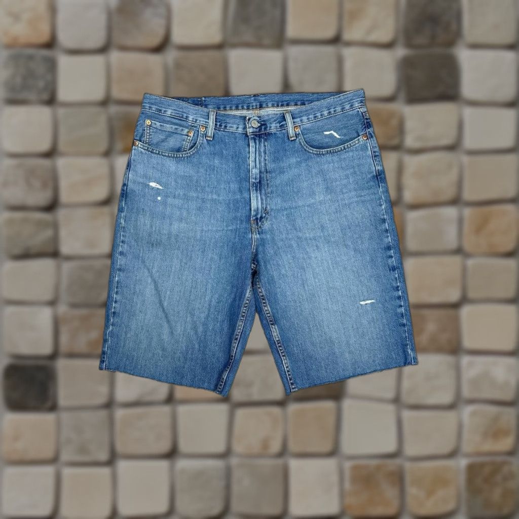 Levi's Levis 469 Shorts Men 36 X 12 Blue Distressed Denim Cotton High Rise Raw Hem Logo Size US 36 / EU 52 - 1 Thumbnail