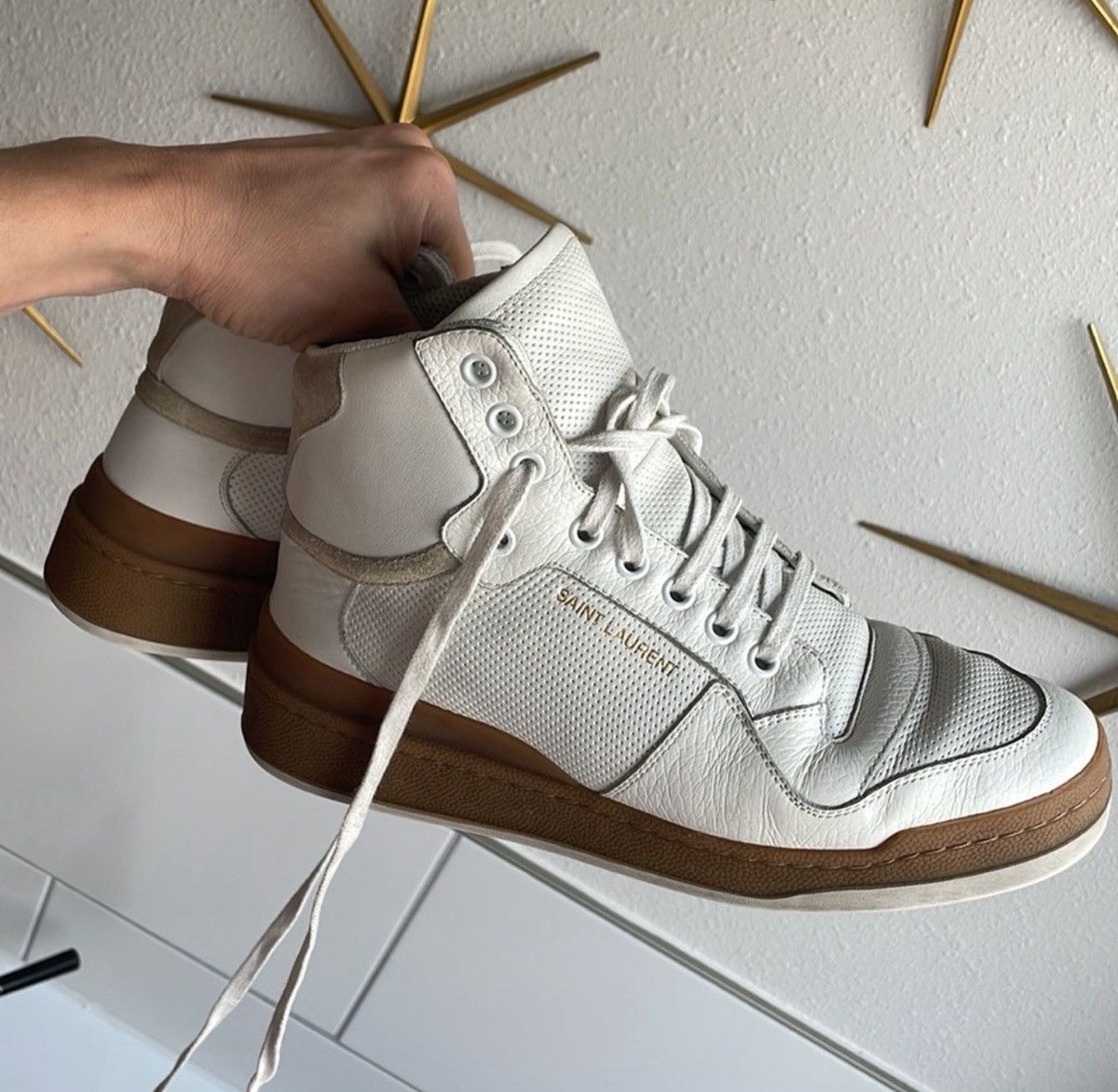 Saint Laurent Paris Saint Laurent Cream and Tan High-Top Sneakers Size US 8 / IT 38 - 2 Thumbnail