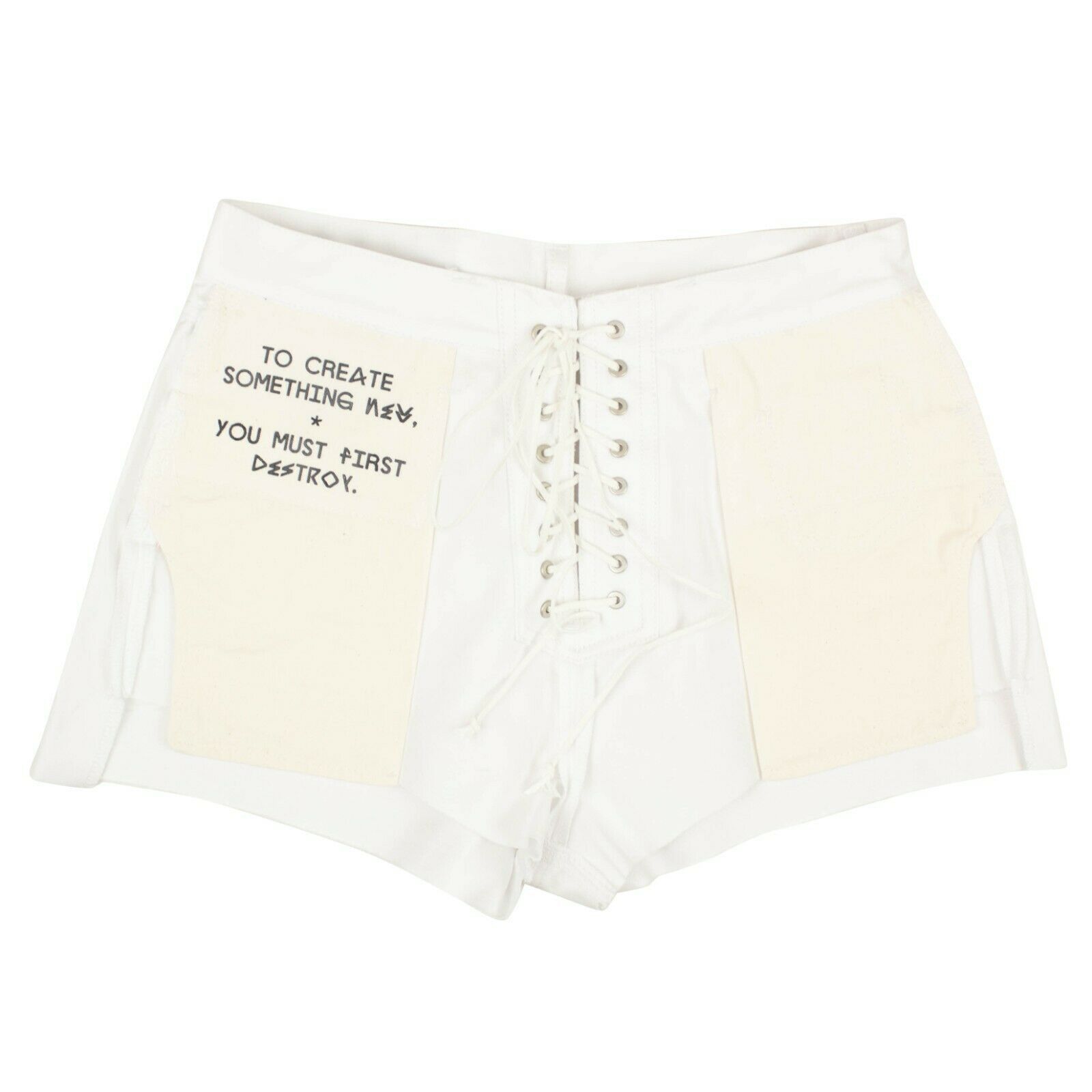 image of Unravel Project White Lace Up Distressed Denim Shorts Size 26, Women's