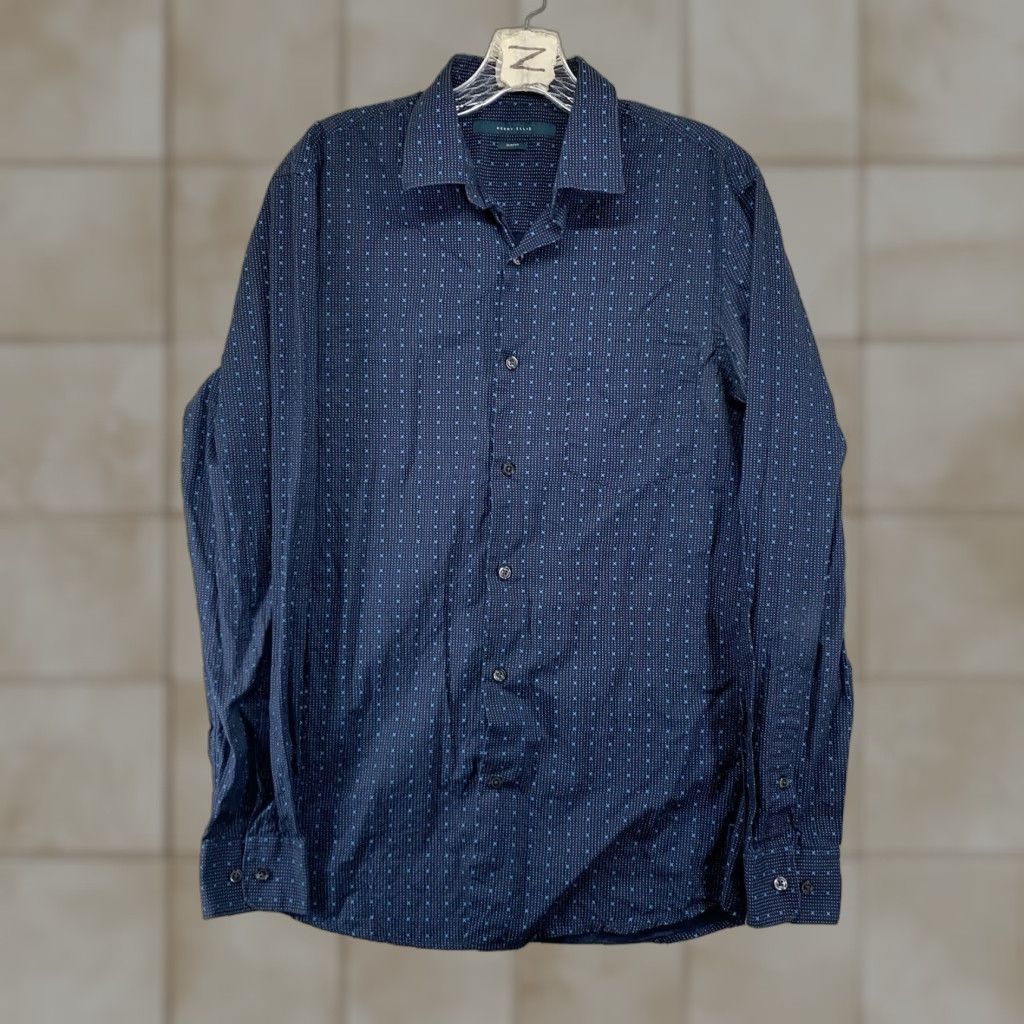 Perry Ellis Perry Ellis Men's Slim Fit Button Down Shirt 100% Cotton Dark Midnight Blue Geometric Pattern Size US M / EU 48-50 / 2 - 1 Thumbnail