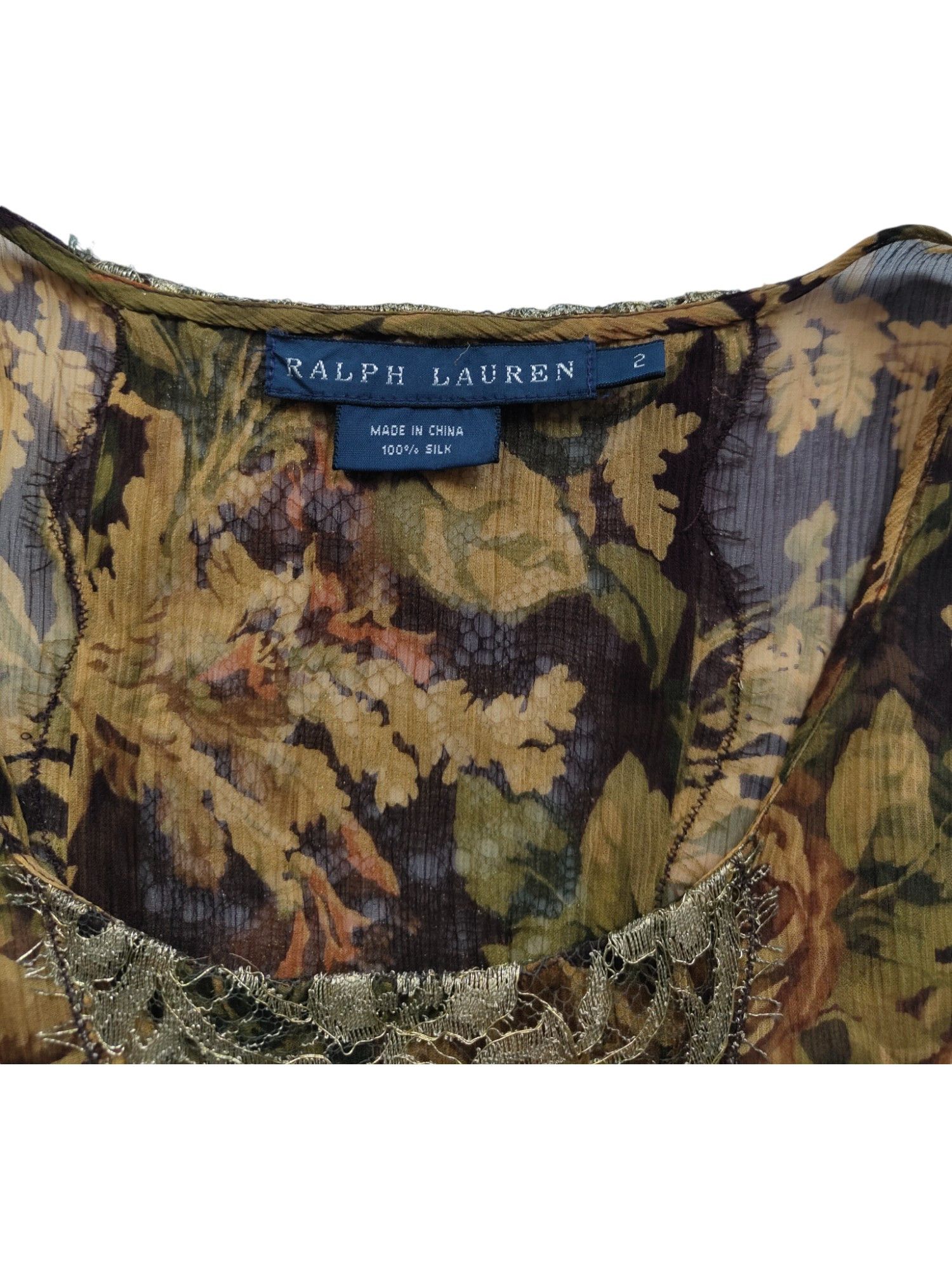 Ralph Lauren Floral Overall Printed Silk Dress With Gold Lace Detail Size XS / US 0-2 / IT 36-38 - 4 Thumbnail
