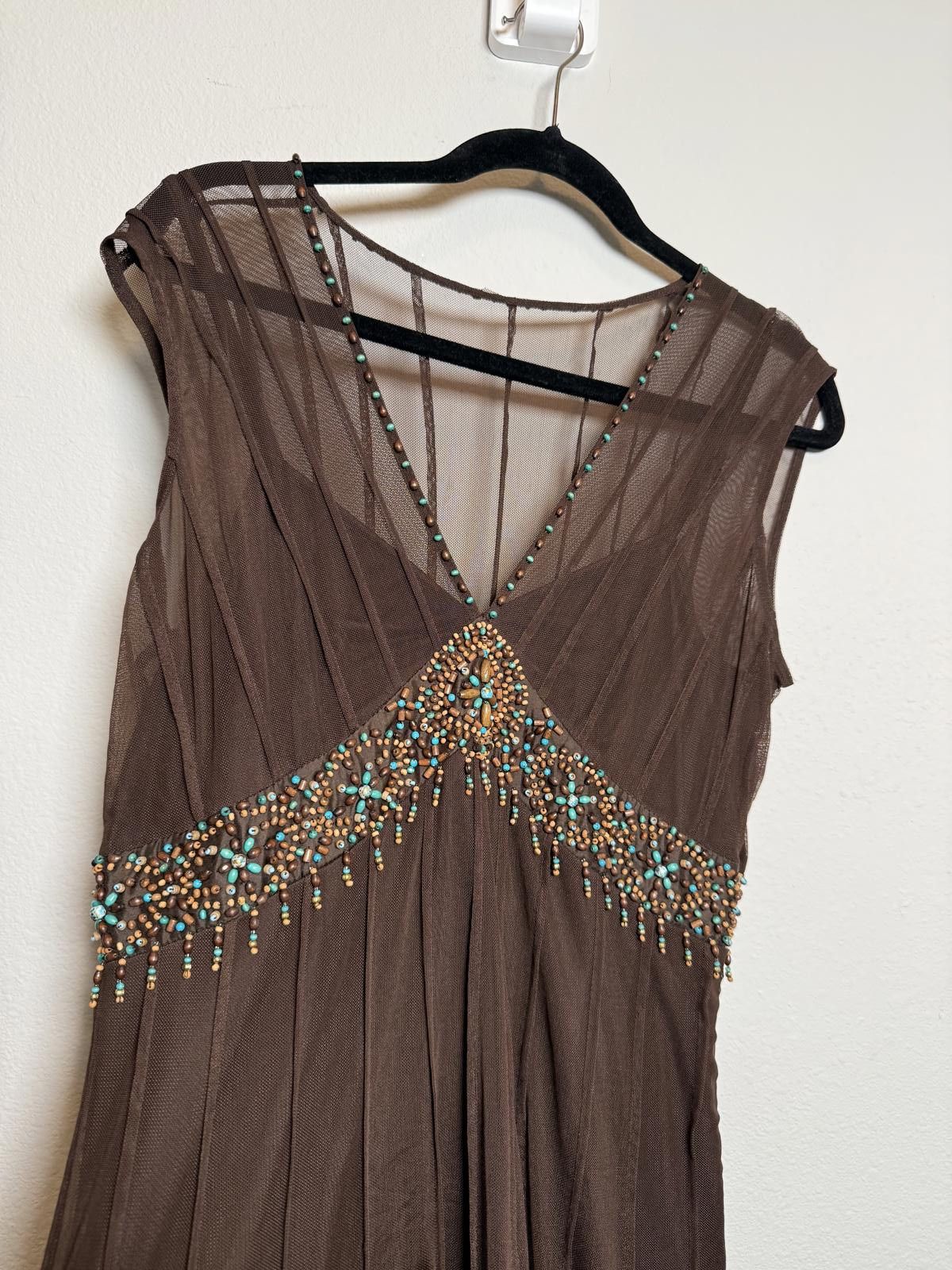 Y2K Vintage Brown Fairy Beaded Midi Dress with Sheer Overlay