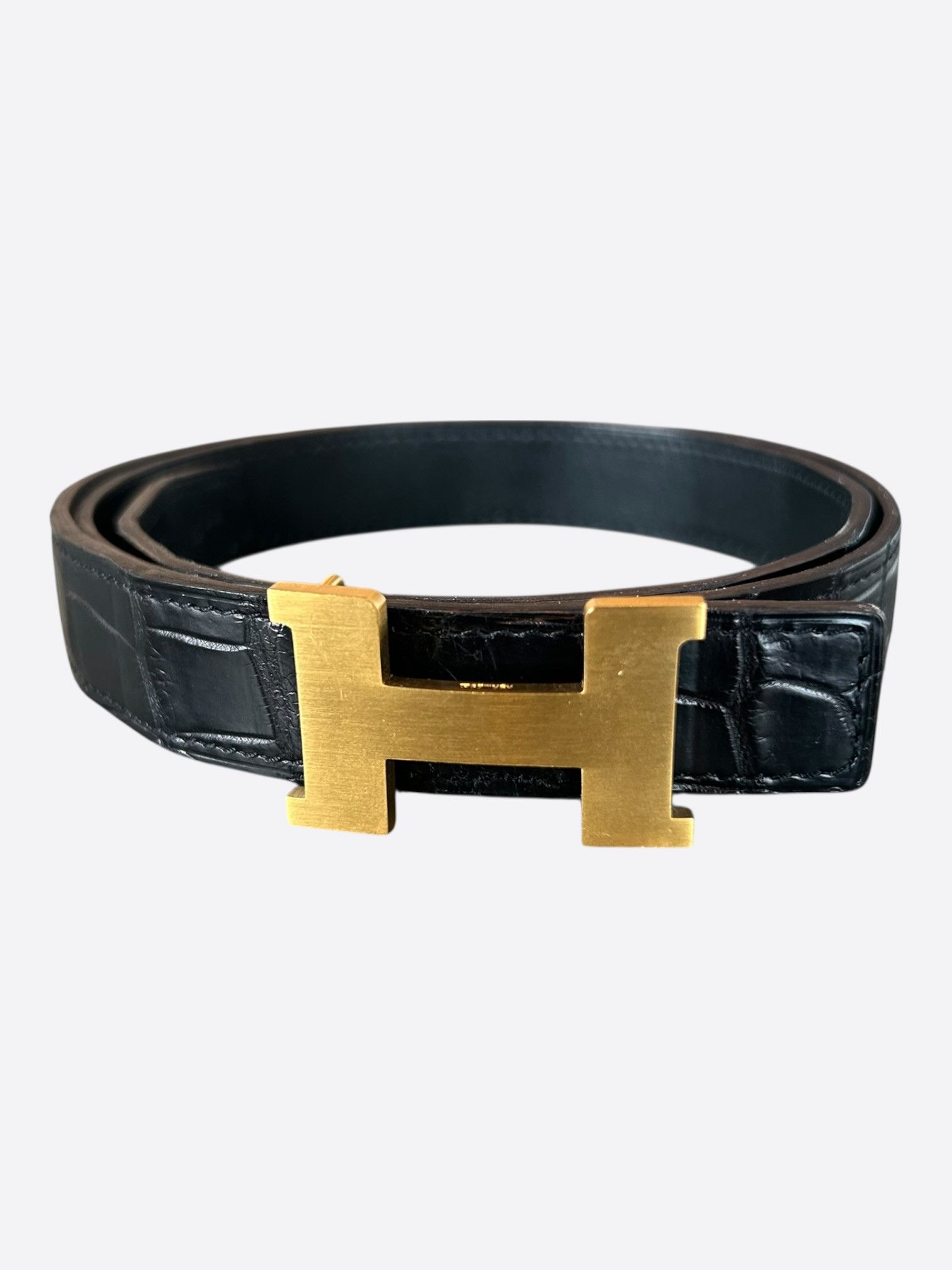 Hermes Hermes Black & Gold Crocodile Constance Belt Size 30 - 1 Thumbnail