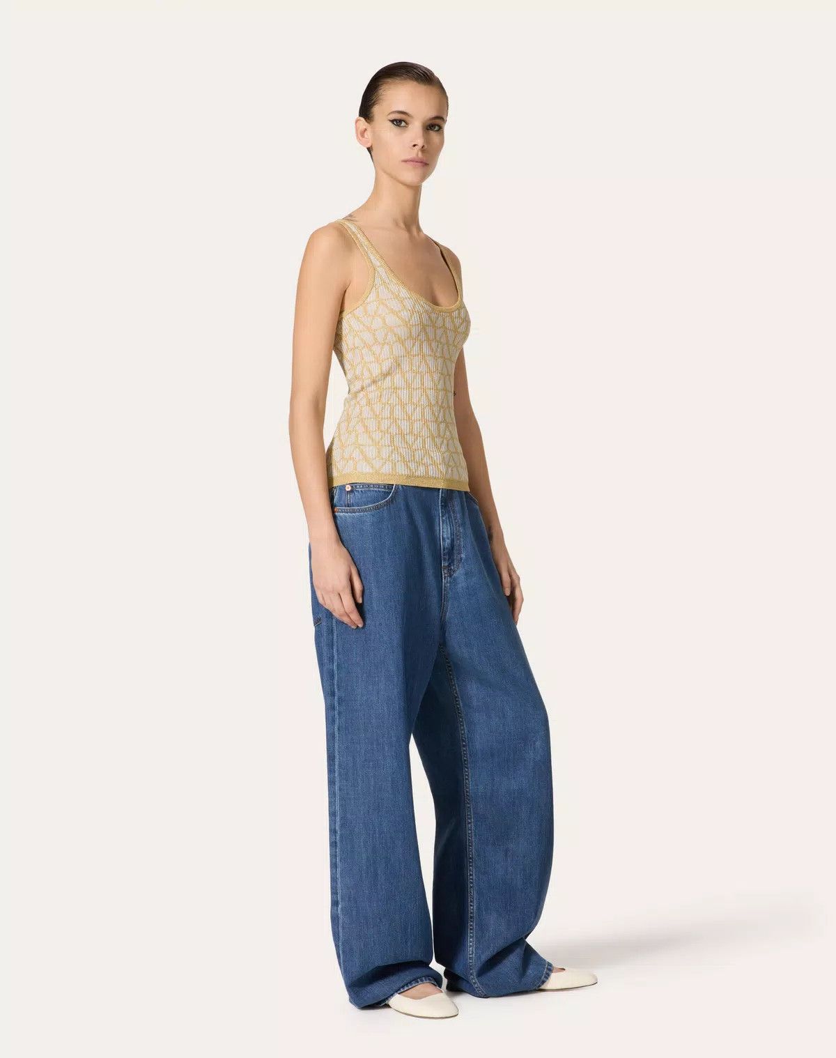 Valentino o1s1wg110426 Lurex And Toile Iconographe Jacquard Top Yellow Size XS / US 0-2 / IT 36-38 - 2 Thumbnail