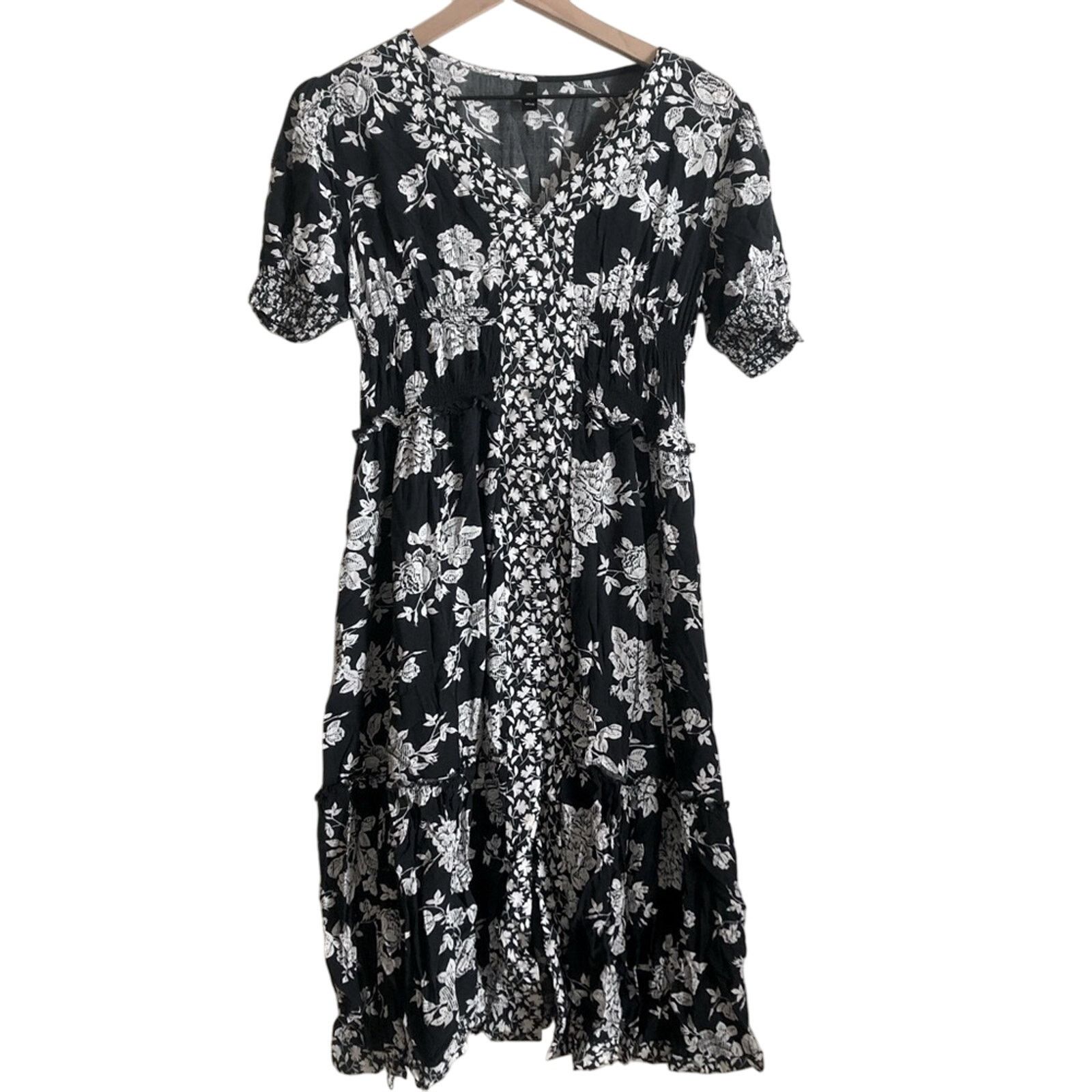 Red and Olive Black White Floral Print Midi V-Neck Dress