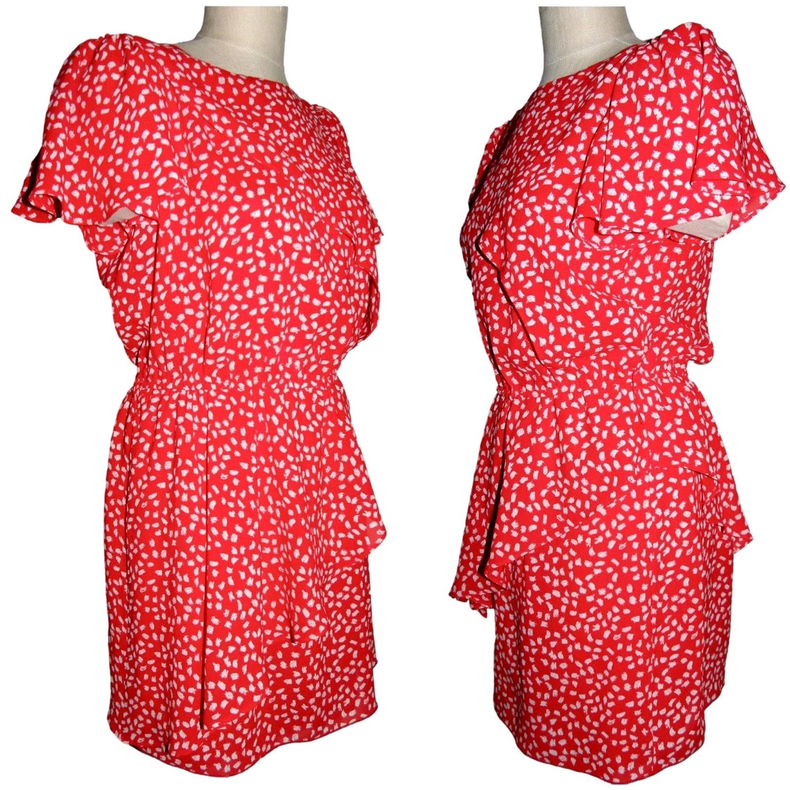 Vintage 90's Red & White Small Print Dress with Flounce | Small Size S / US 4 / IT 40 - 2 Thumbnail