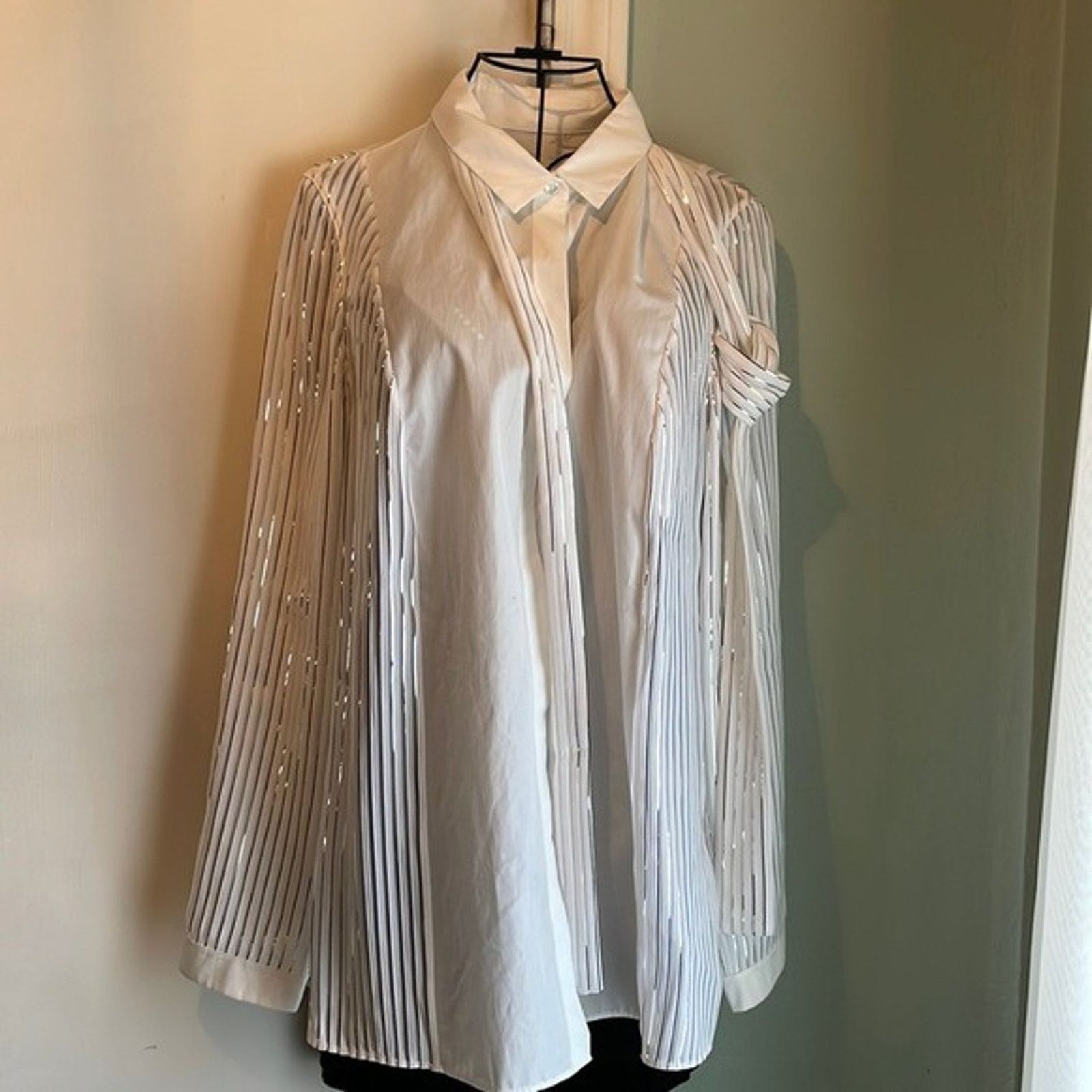 Akris Akris Blouse with Foil Pleats and Shirt Collar white silver Size XL / US 12-14 / IT 48-50 - 4 Thumbnail