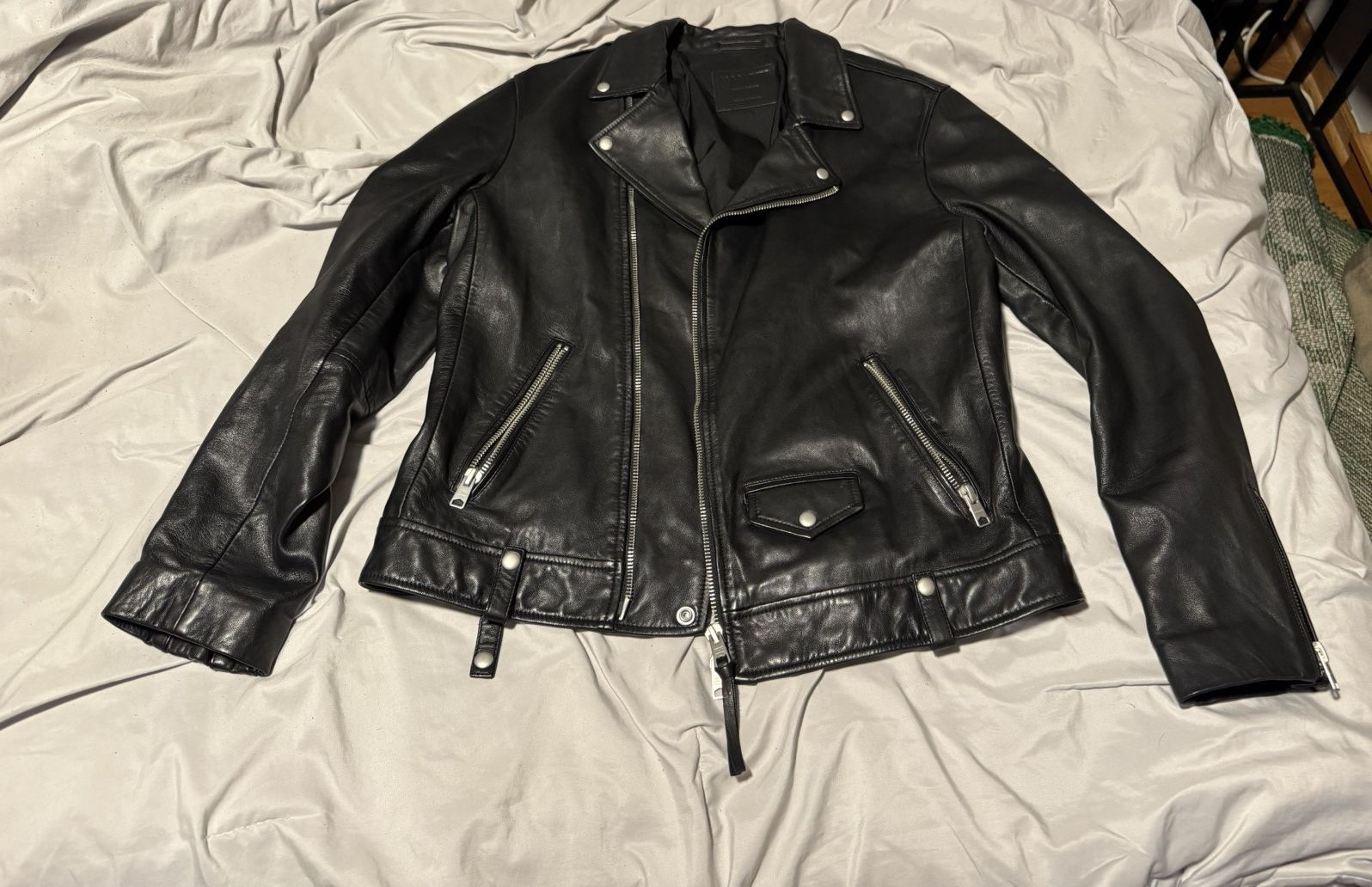 Allsaints Milo Asymmetric Zip Leather Biker Jacket Size US XXL / EU 58 / 5 - 3 Thumbnail
