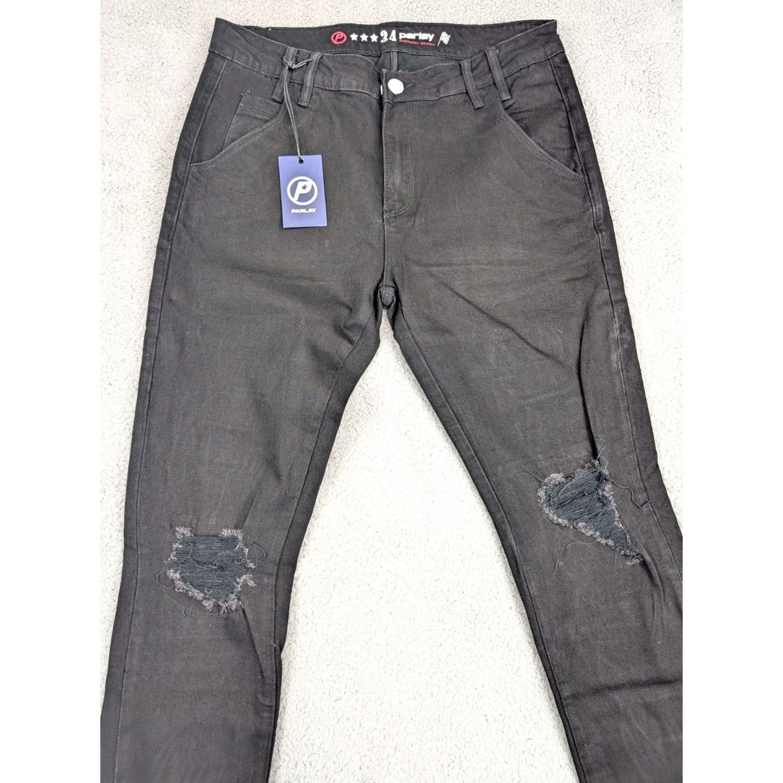 Denime Parlay Mens Skinny Jeans Black Red Denim Distressed 34x32 Size US 34 / EU 50 - 3 Thumbnail