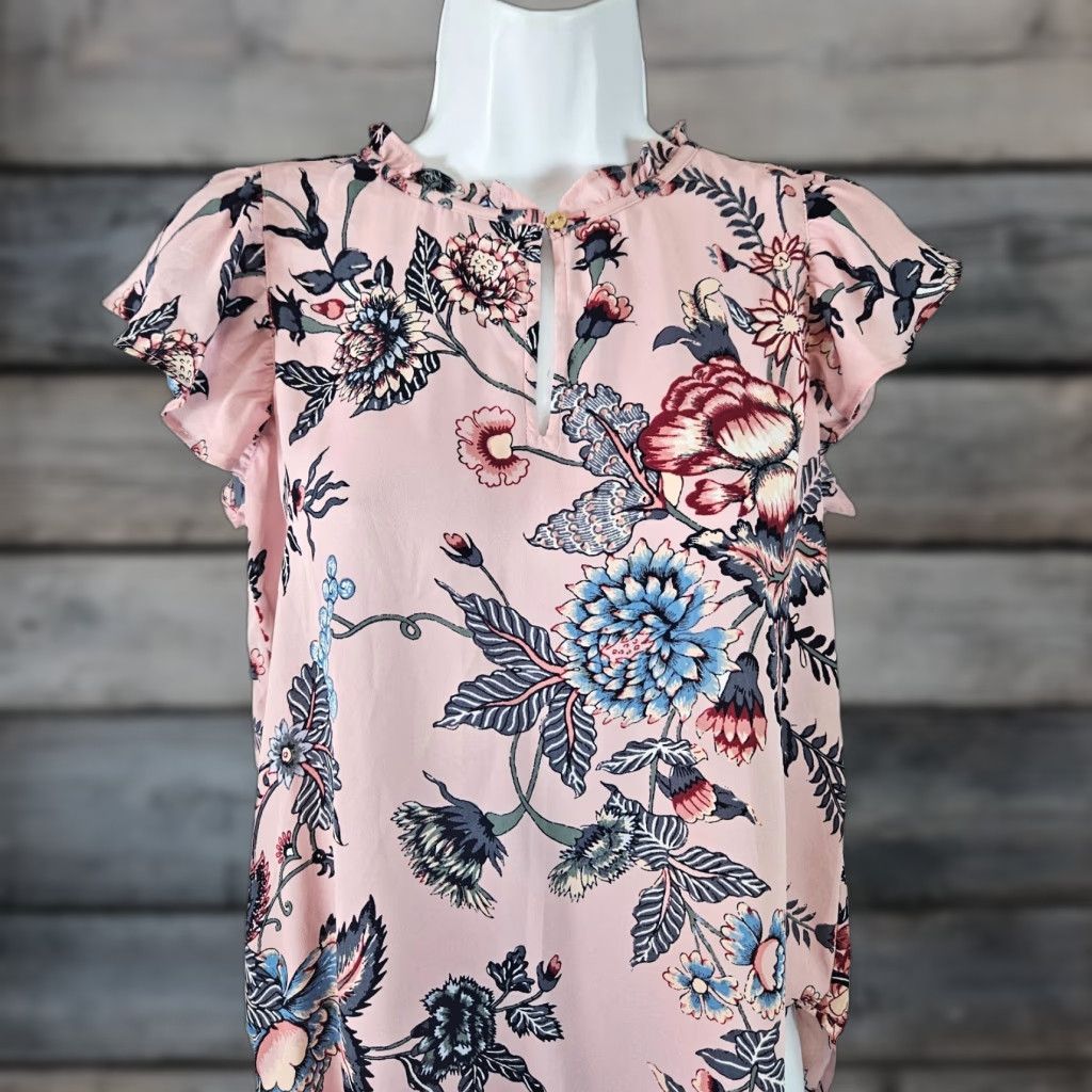 Loft VINTAGE None Ann Taylor LOFT Womens Top Sz XS Petite Pink Blue Floral Flutter Sleeve Shirt Womens XS Petite Pink Floral Flutter Sleeve Size XS / US 0-2 / IT 36-38 - 1 Thumbnail