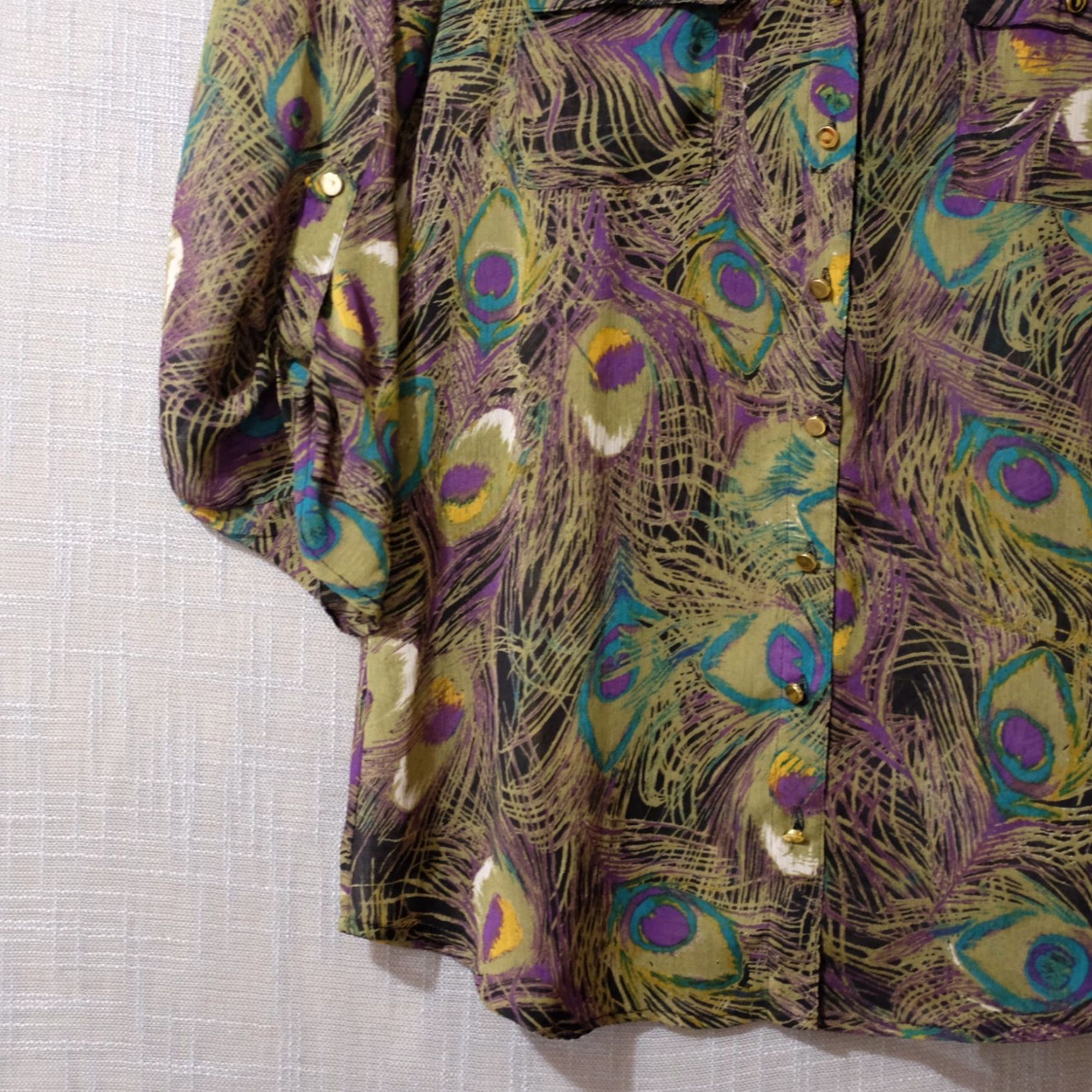 Vintage Sara Michelle Blouse Geometric Print 3/4 Rolltab Sleeve Peacock M Women's Shirt Casual Workwear XS? Size M / US 6-8 / IT 42-44 - 3 Thumbnail