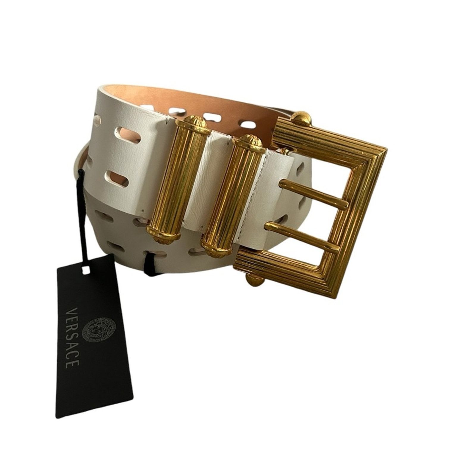 VERSACE Square Buckle Leather Belt White Three Prong 85/34