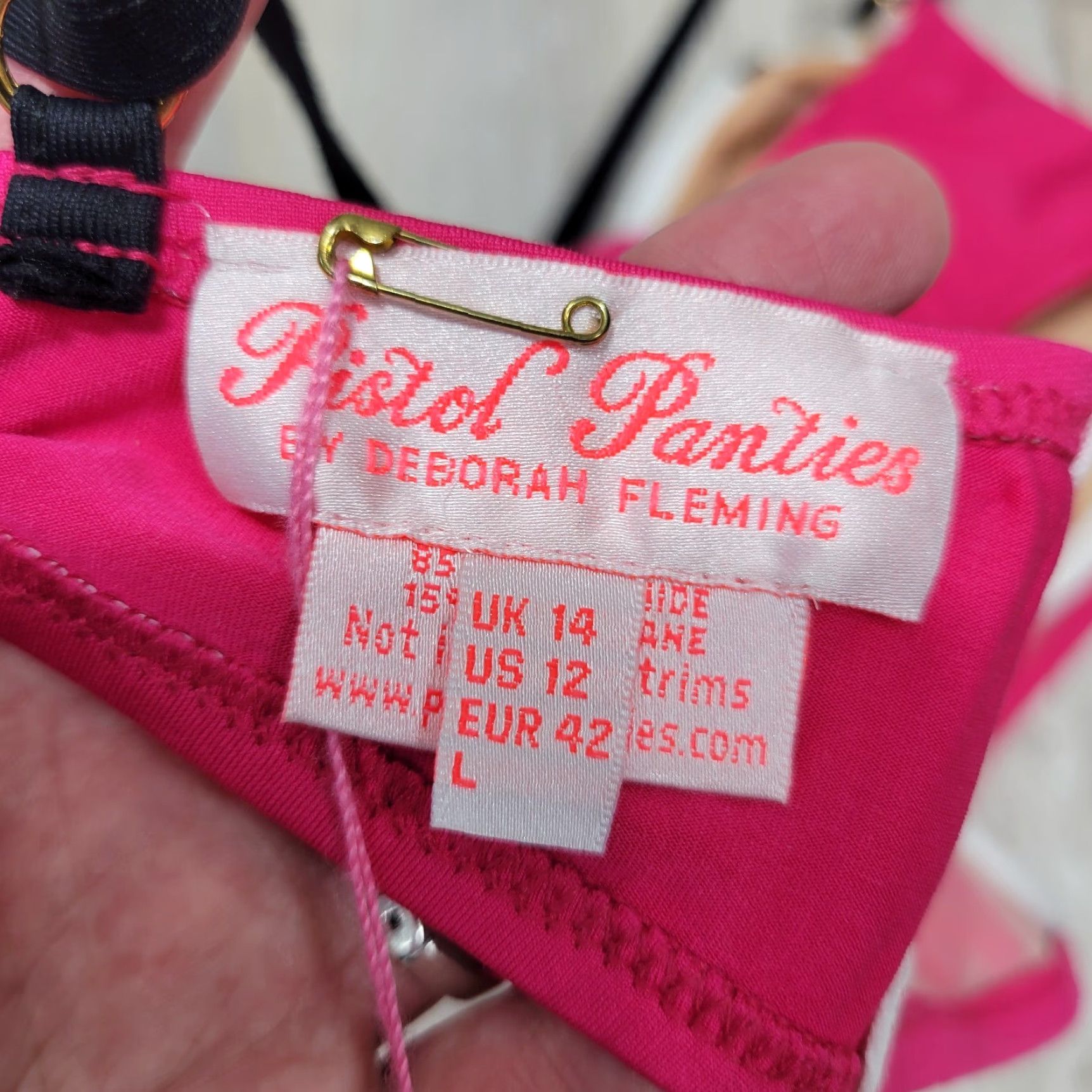 Vintage Pistol Panties Bikini Top by Deborah Fleming Pink White NWT Sz 12 Underwire Regular Spaghetti Strap Women Size XL / US 12-14 / IT 48-50 - 2 Thumbnail
