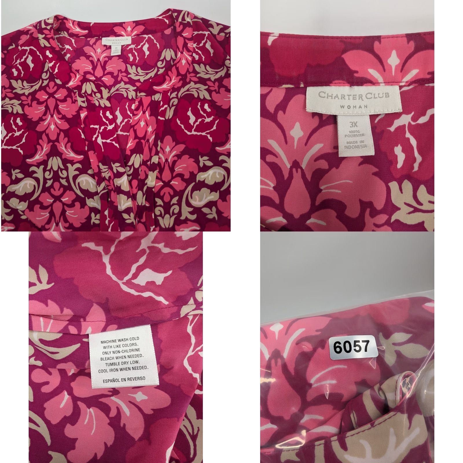 Charter Club VINTAGE Charter Club Womens Button-Down Shirt Pink Floral Top 3X Boho Band Collar Button-Up Ladies Size XXL / US 16-18 / IT 52-54 - 8 Thumbnail