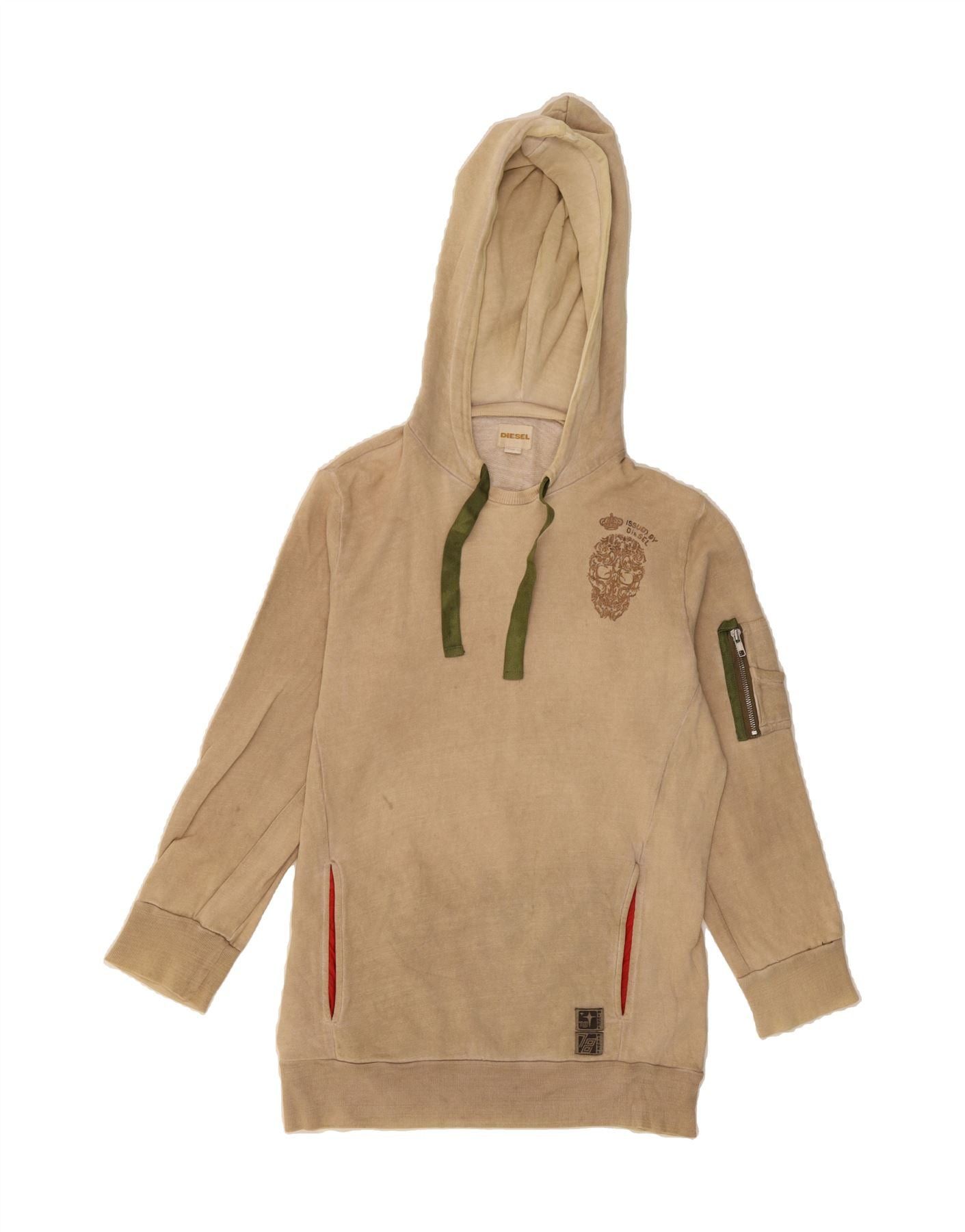 Diesel Womens Graphic Longline Hoodie Jumper UK 16 Large Beige Cott Size M / US 6-8 / IT 42-44 - 1 Thumbnail