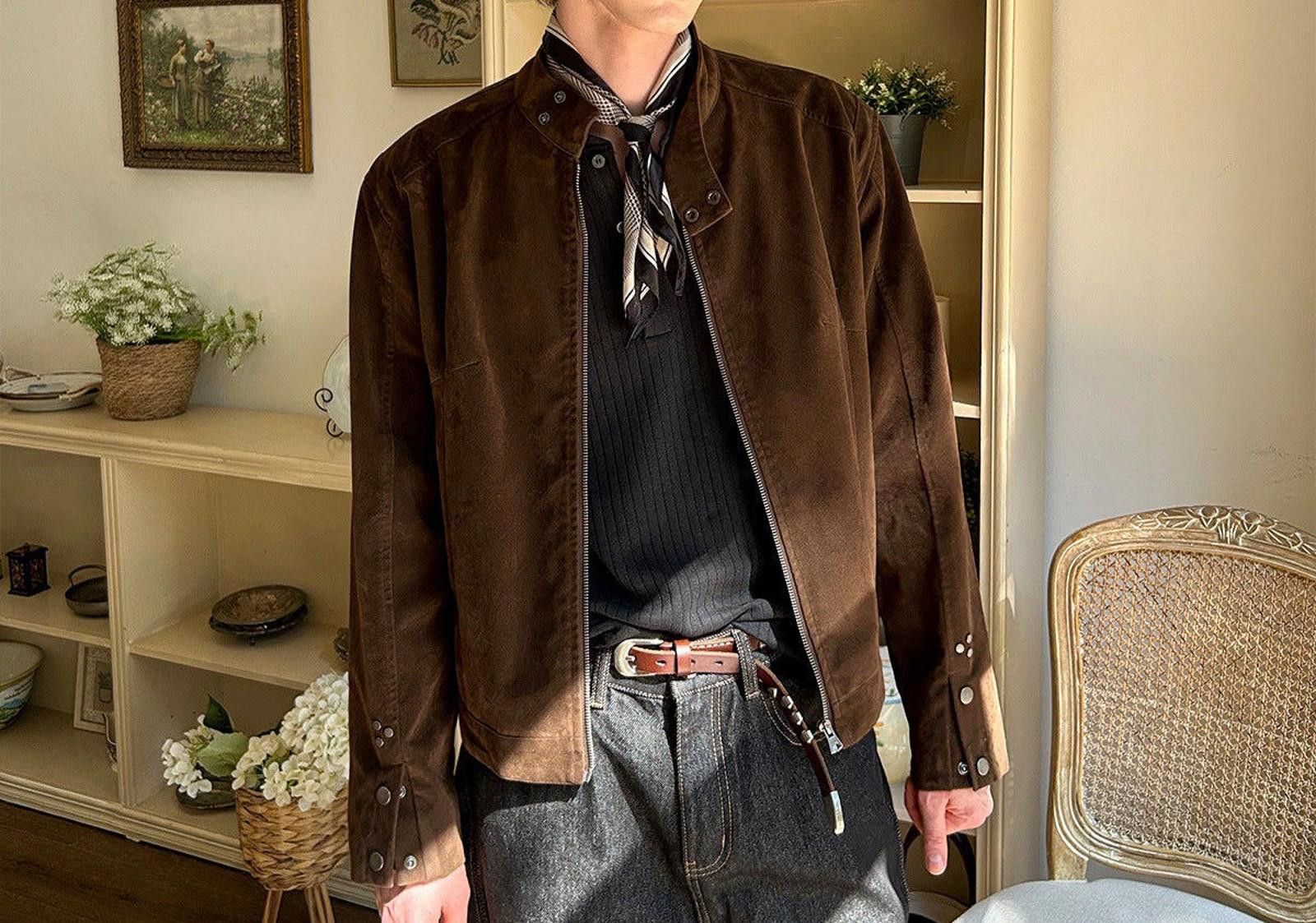 Vintage Brown Suede Button Cuff Jacket, Relaxed Fit Outerwear Size US M / EU 48-50 / 2 - 1 Thumbnail