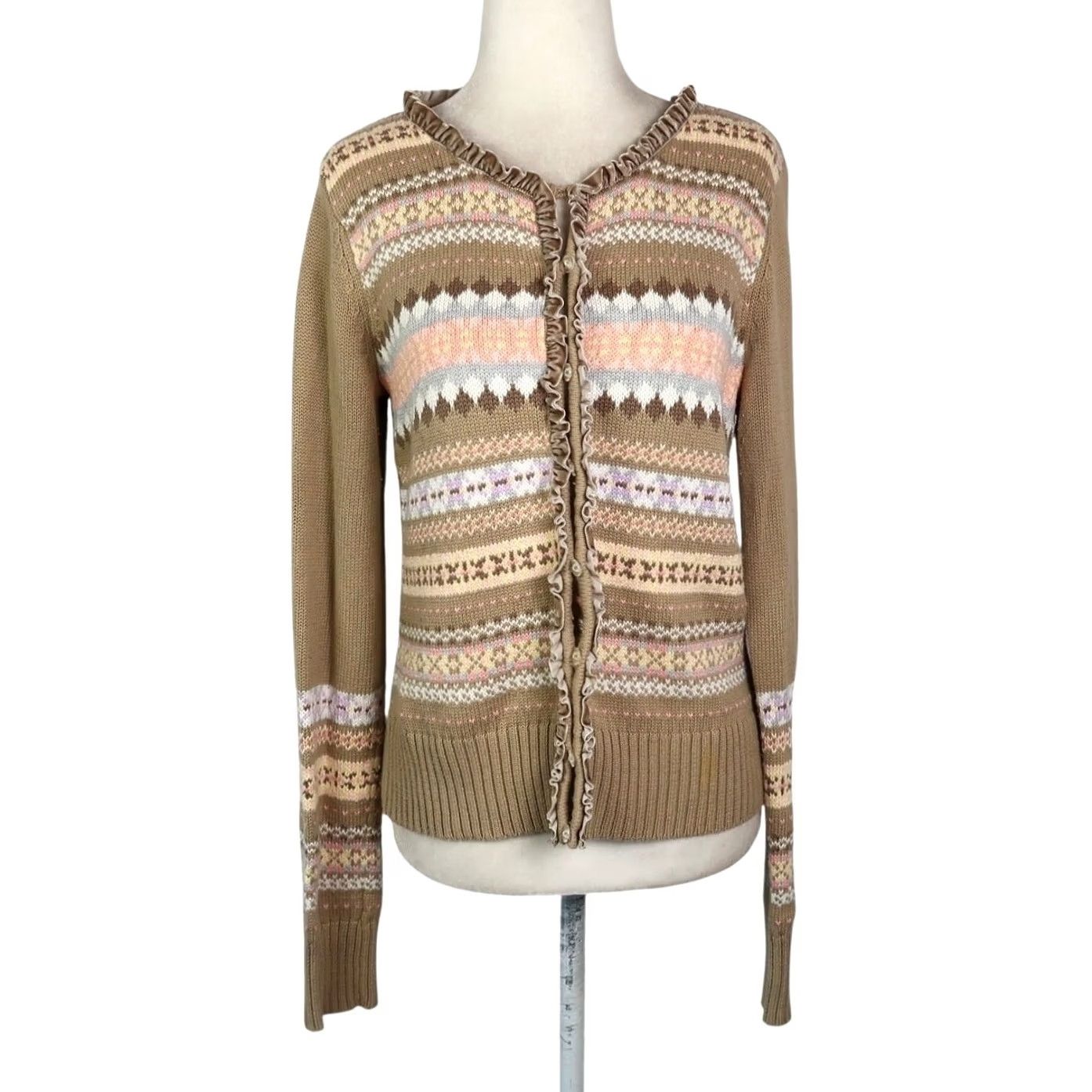 Liz Claiborne VINTAGE 90s Liz Claiborne Cardigan Sweater Fair Isle Geometric Tan M Women Long Sleeve Knit oversized? Size M / US 6-8 / IT 42-44 - 2 Thumbnail