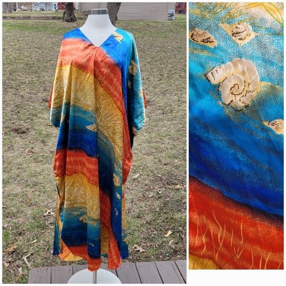 Vintage Vintage 80s Sunset Orange Gold Blue Beach Cover Up Shell Kaf Size ONE SIZE - 7 Thumbnail