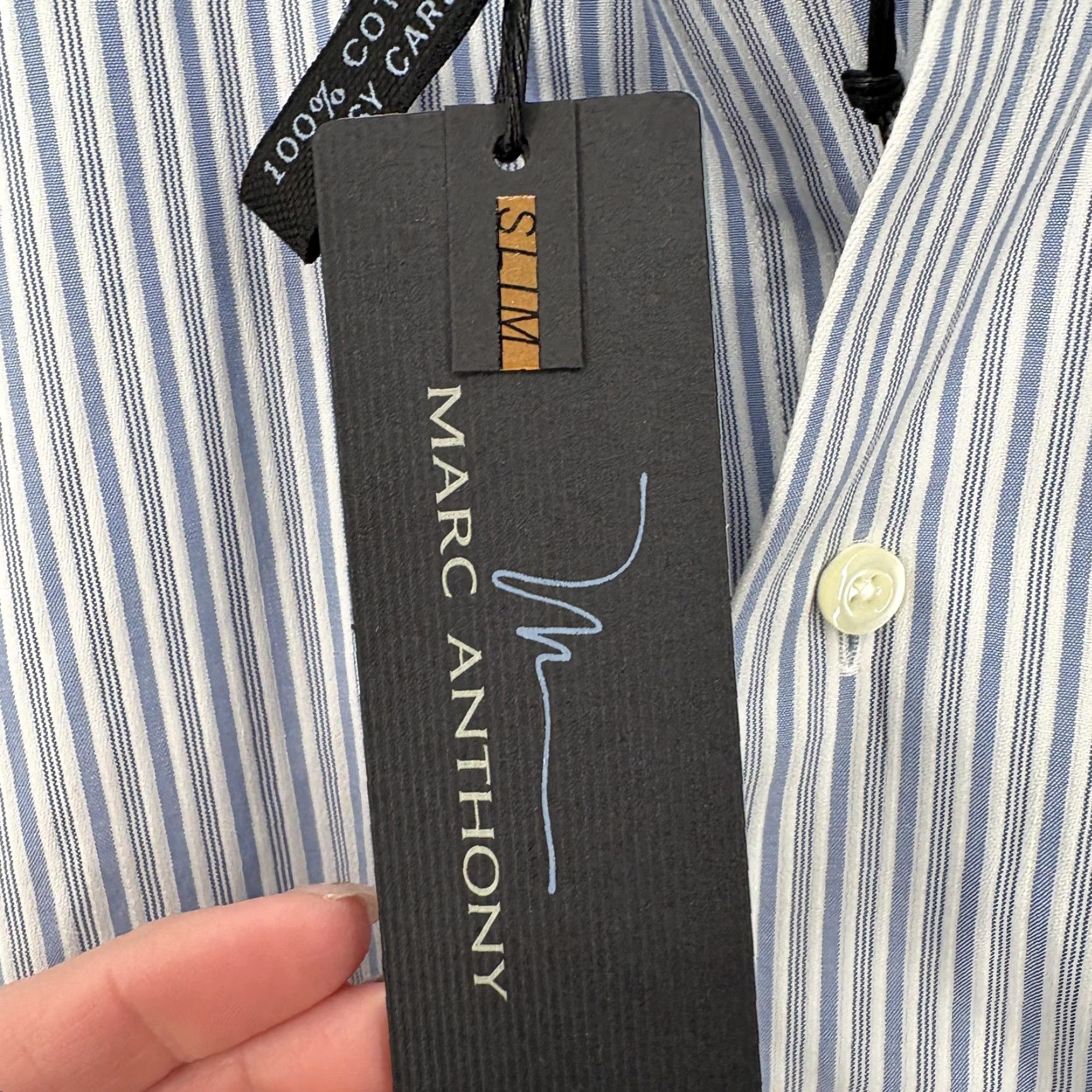 Marcs Marc Anthony Dress Shirt Mens 15.5 Slim 32/33 Blue Stripe Easy Care Business Shirt Mens Size 42R - 6 Thumbnail