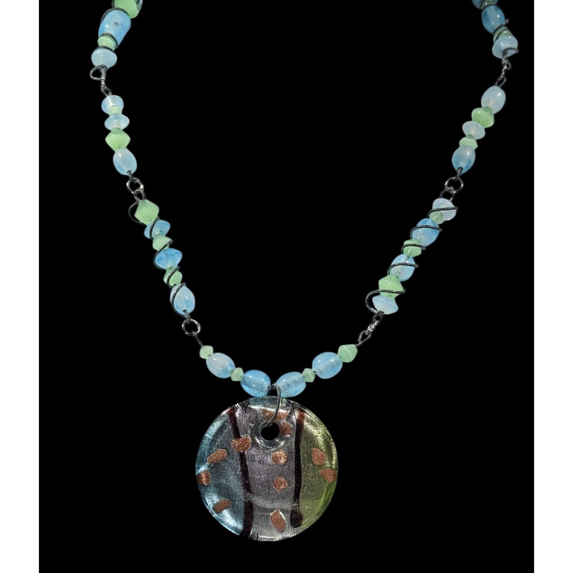 Other Handmade Whimsical Wire Wrapped Blue And Green Glass Pendant Size ONE SIZE - 2 Thumbnail