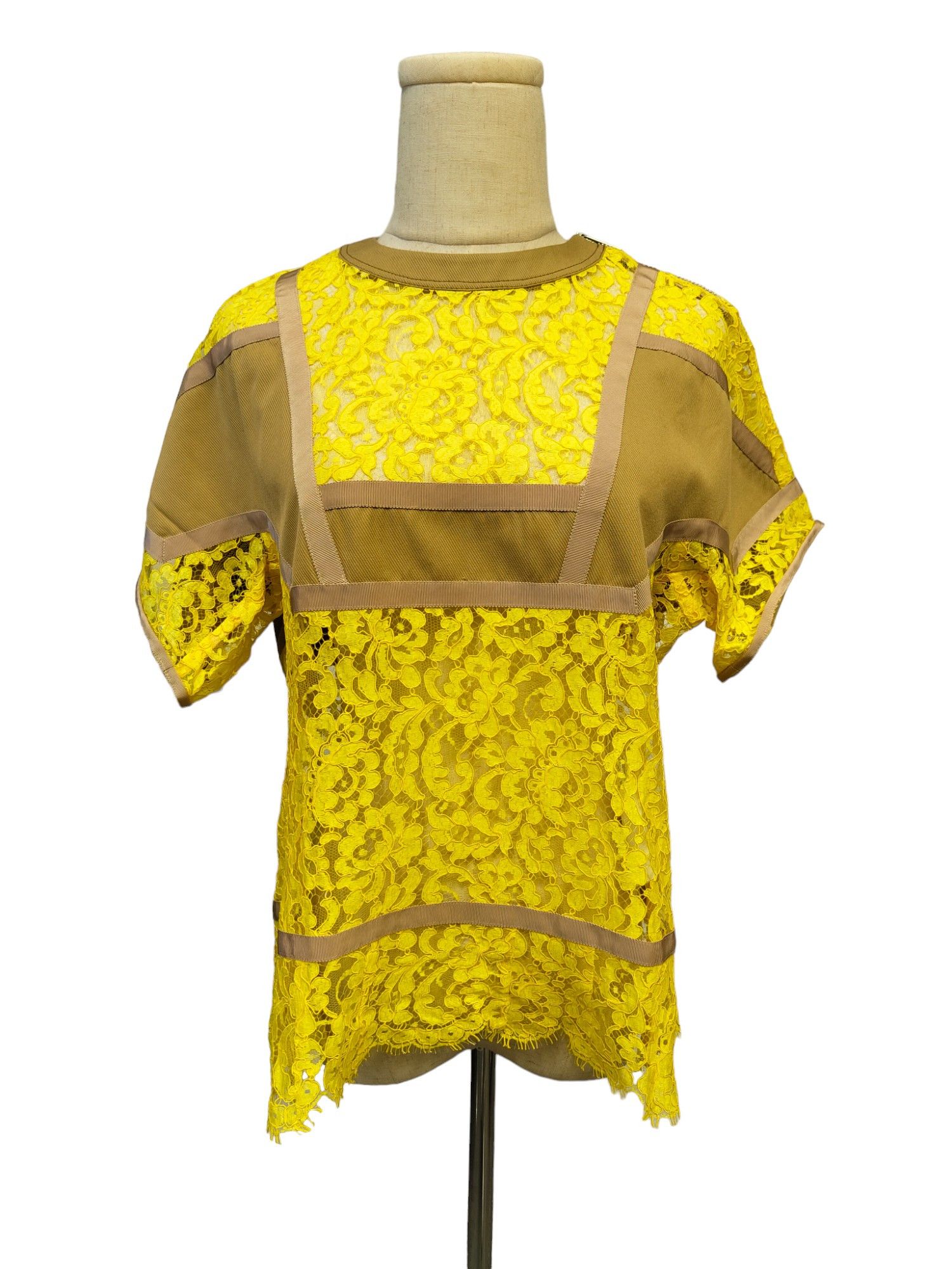 Sacai Mustard Yellow Lace And Light Brown Cotton Mixed T-Shirt Size M / US 6-8 / IT 42-44 - 5 Thumbnail
