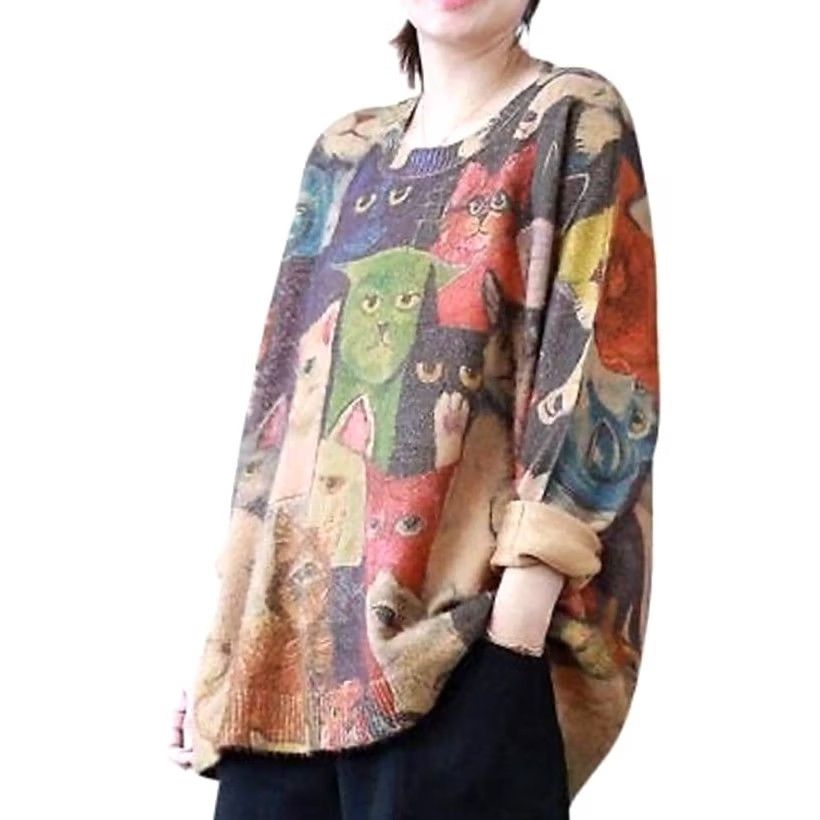 Vintage VINTAGE Women’s Cat Sweater Pullover Oversized Wool Blend Allover Design Sz Large Size L / US 10 / IT 46 - 2 Thumbnail