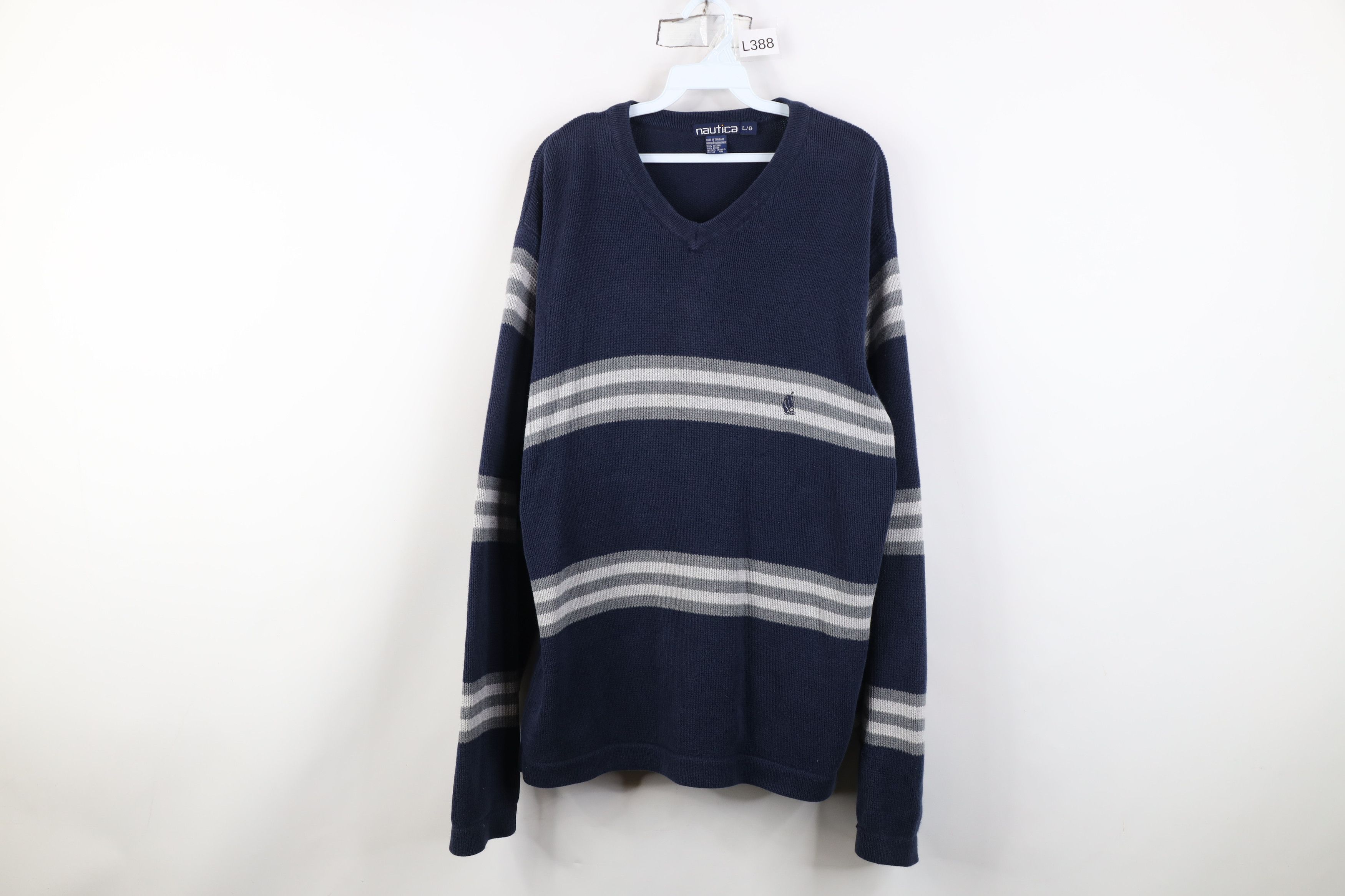 Nautica Vintage 90s Nautica Heavy Cotton Knit Striped V-Neck Sweater Size US L / EU 52-54 / 3 - 1 Thumbnail