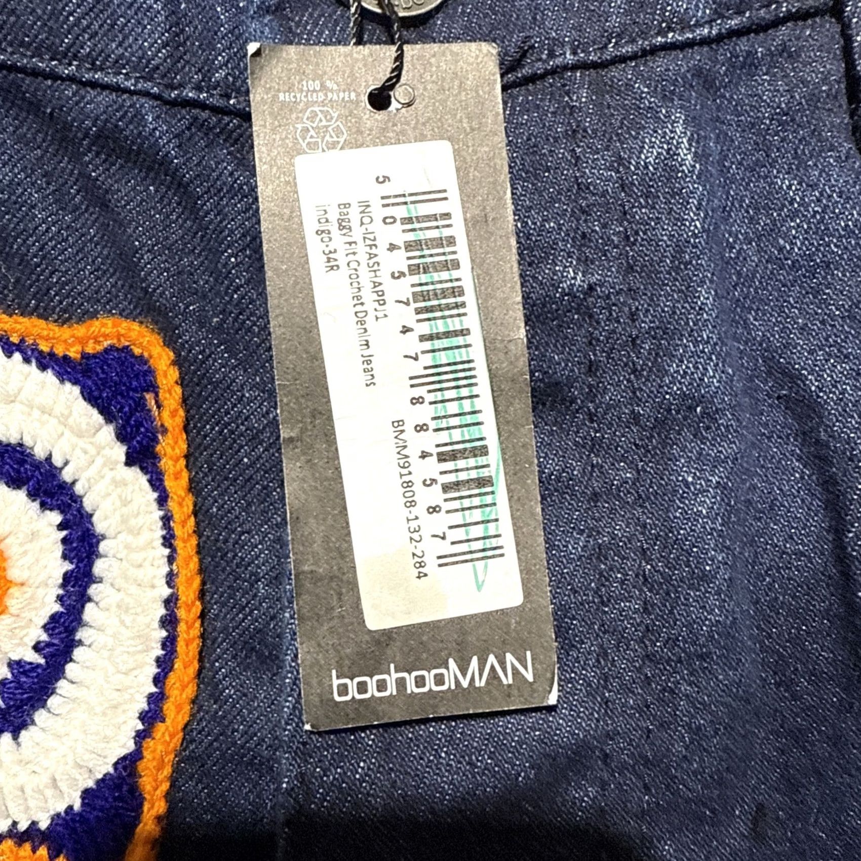 Vintage BoohooMAN Jeans Baggy Fit Crochet Denim Indigo Mens 34x30 NWT Dark Wash Cotton Wide-Leg Relaxed Inseam 30" Button Closure Jeans Mens Size US 34 / EU 50 - 3 Thumbnail