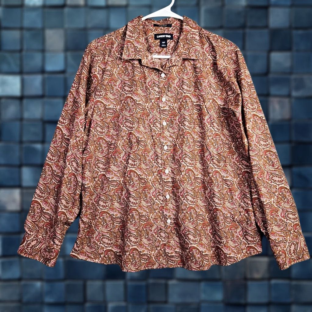 Lands' End Lands’ End Women’s Pink Paisley No Iron Supima Cotton Button Up Shirt Size 16P Size XXL / US 16-18 / IT 52-54 - 1 Thumbnail