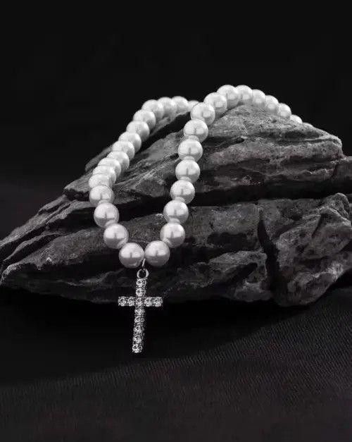 Jewelry Pearl Rhinestone Cross Necklace in Silver, Men's