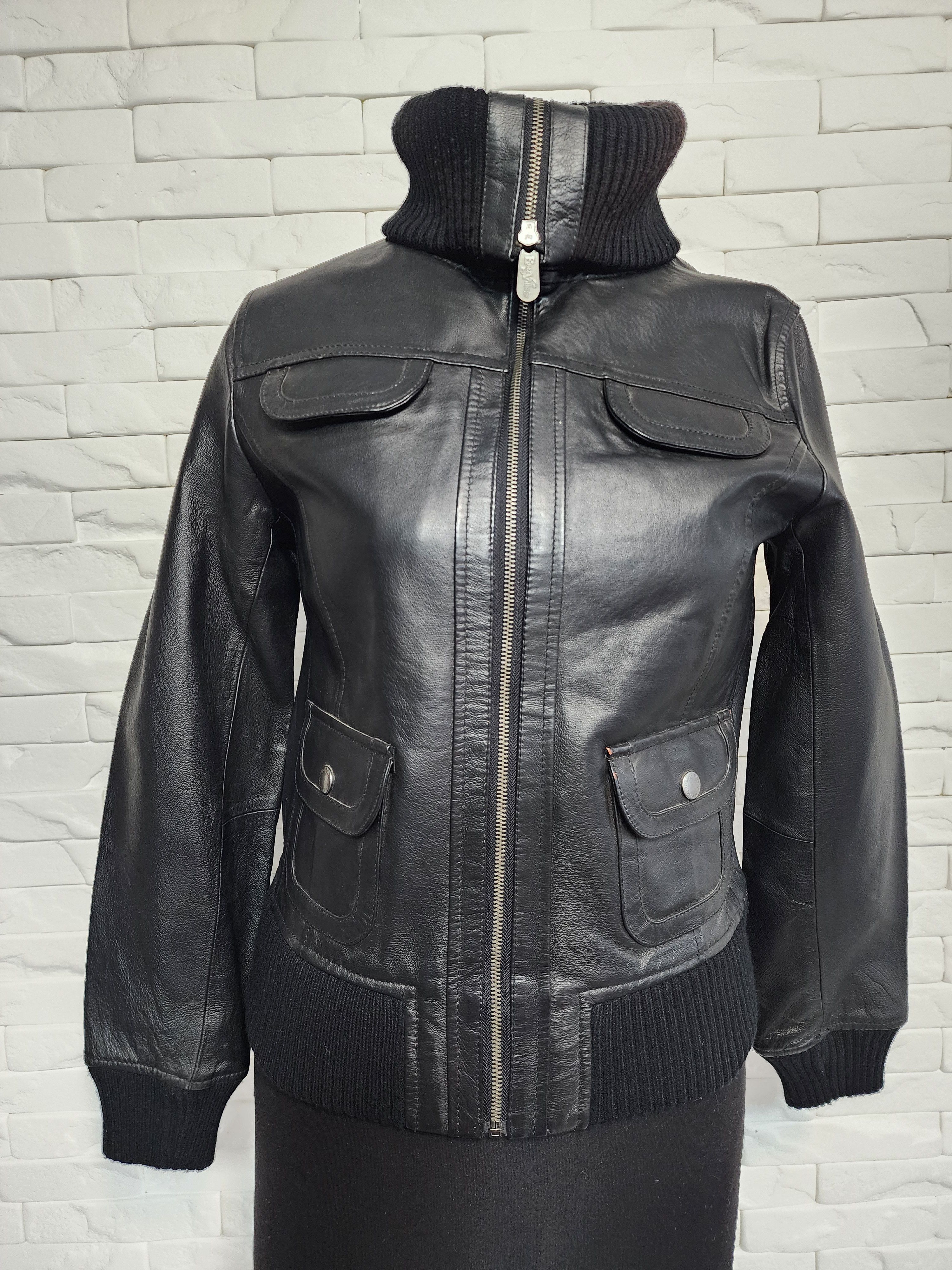 Other Black Leather Jacket: Women's Zip-Up Bomber with Knit Trim Size M / US 6-8 / IT 42-44 - 1 Thumbnail