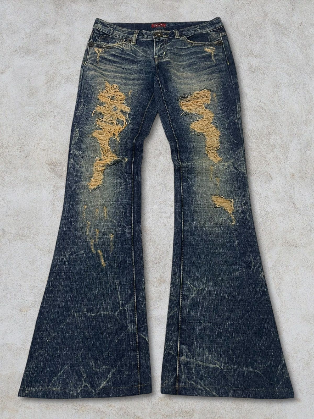 GOSTAR DE FUGA Maraxia Mudwash Distressing Flared Cracked Design Denim Size 25" / US 0 / IT 36 - 1 Thumbnail