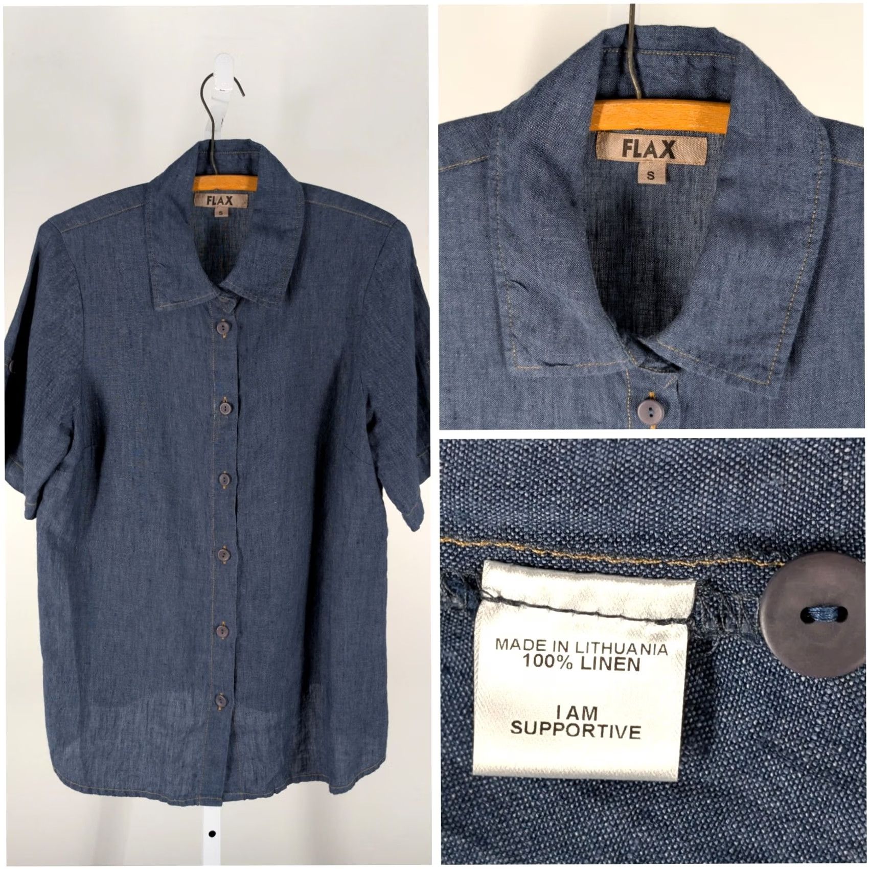 FLAX Flax Linen Shirt Button-Up Indigo Blue Short Sleeve Denim Look Lithuania S Women’s Bohemian Chambray Effect Casual Shirts Size S / US 4 / IT 40 - 2 Thumbnail