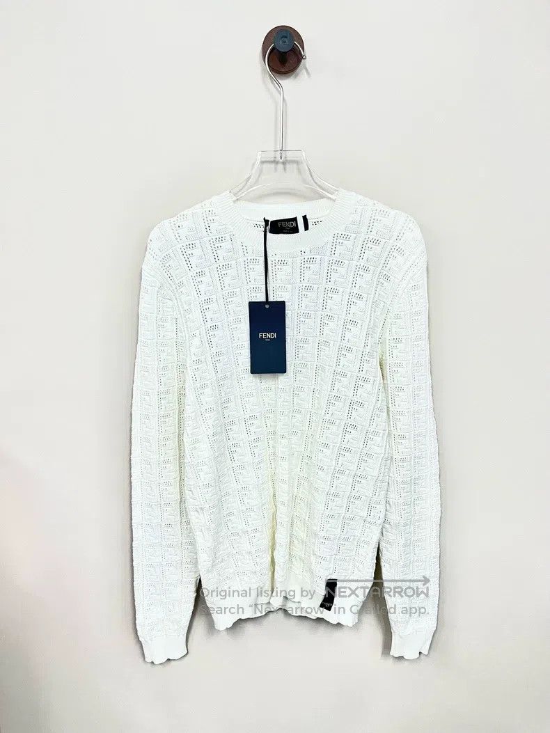 Fendi White Knit Sweater with Dark Pattern and Logo