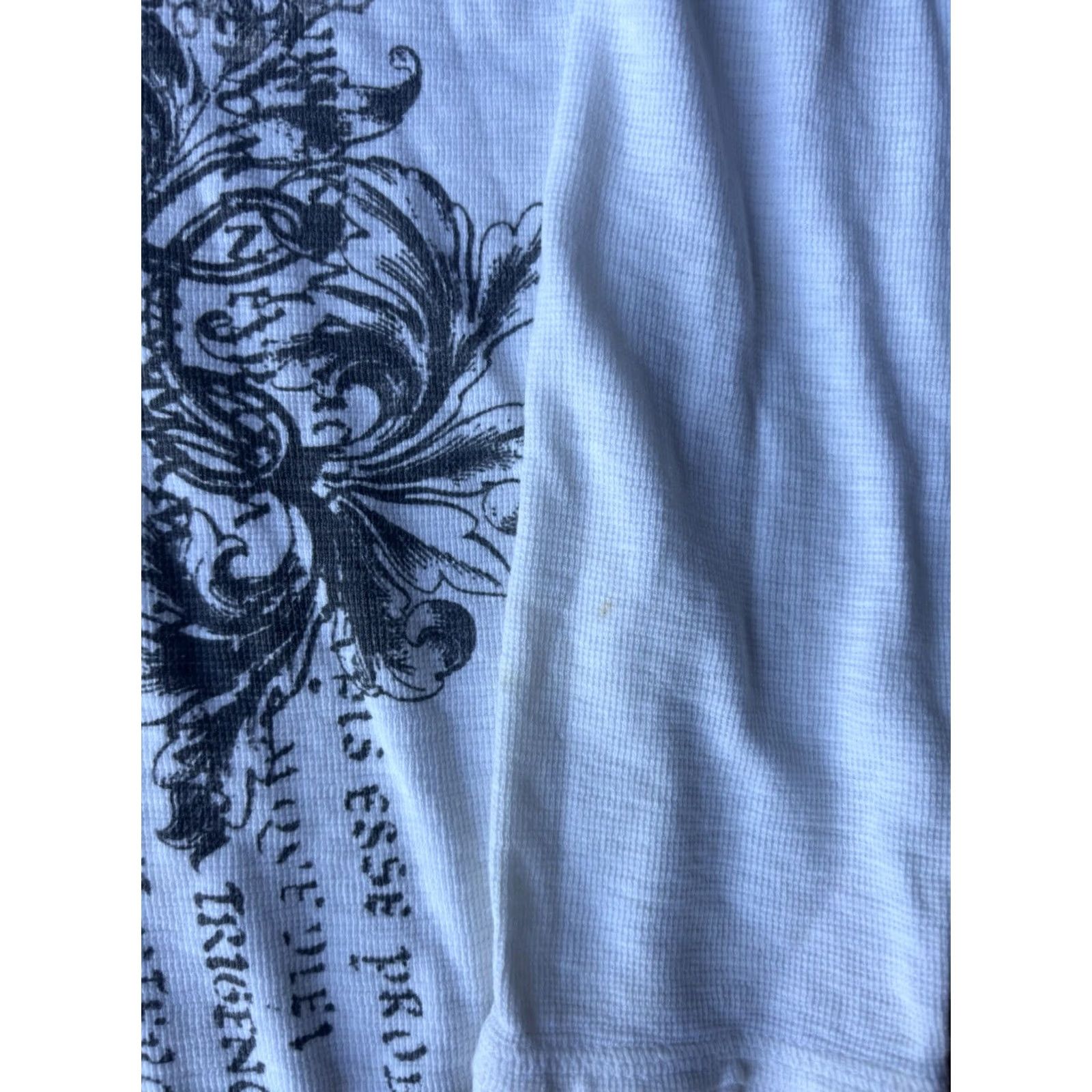 Incu VINTAGE Y2K INC Affliction Style Goth Punk Emo Waffle Thermal Shirt 2XL White Cotton Knit Long Sleeve Henley Men Mens Size US XXL / EU 58 / 5 - 5 Thumbnail