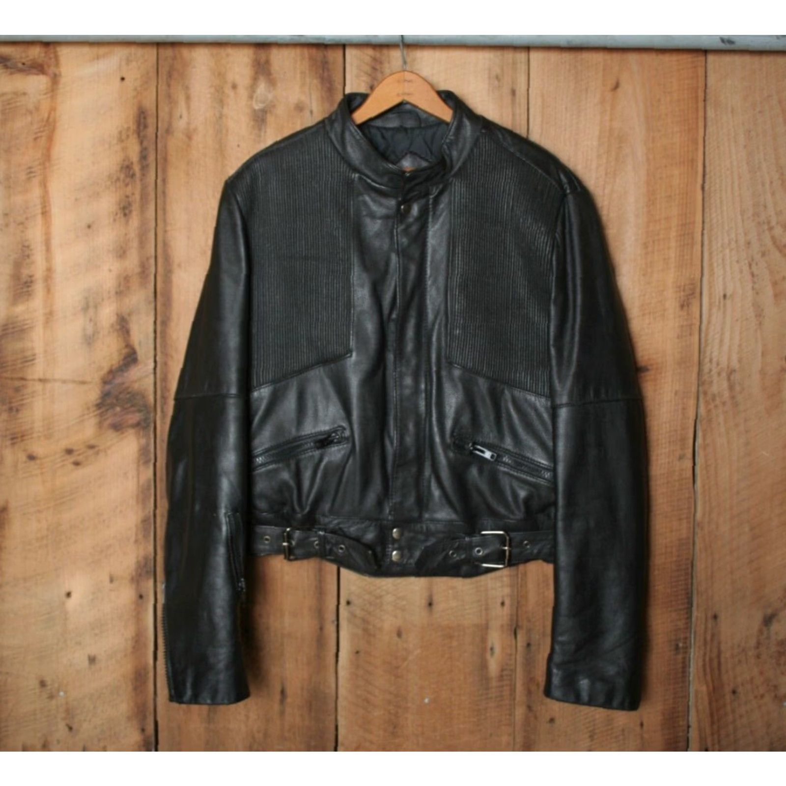 Ben Sherman VINTAGE Bermans Leather Jacket Mens BERMANS Ribbed Stretch Quilt Lined Insulated Zip Sz. 42 Black Motorcycle Jacket Size US XS / EU 42 / 0 - 2 Thumbnail