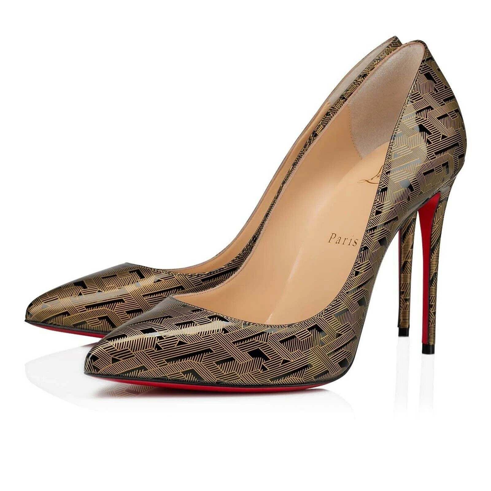 Christian Louboutin Pigalle Follies 100 Patent Black Gold CL Heel Pump Shoe 40 Size US 10 / IT 40 - 1 Thumbnail