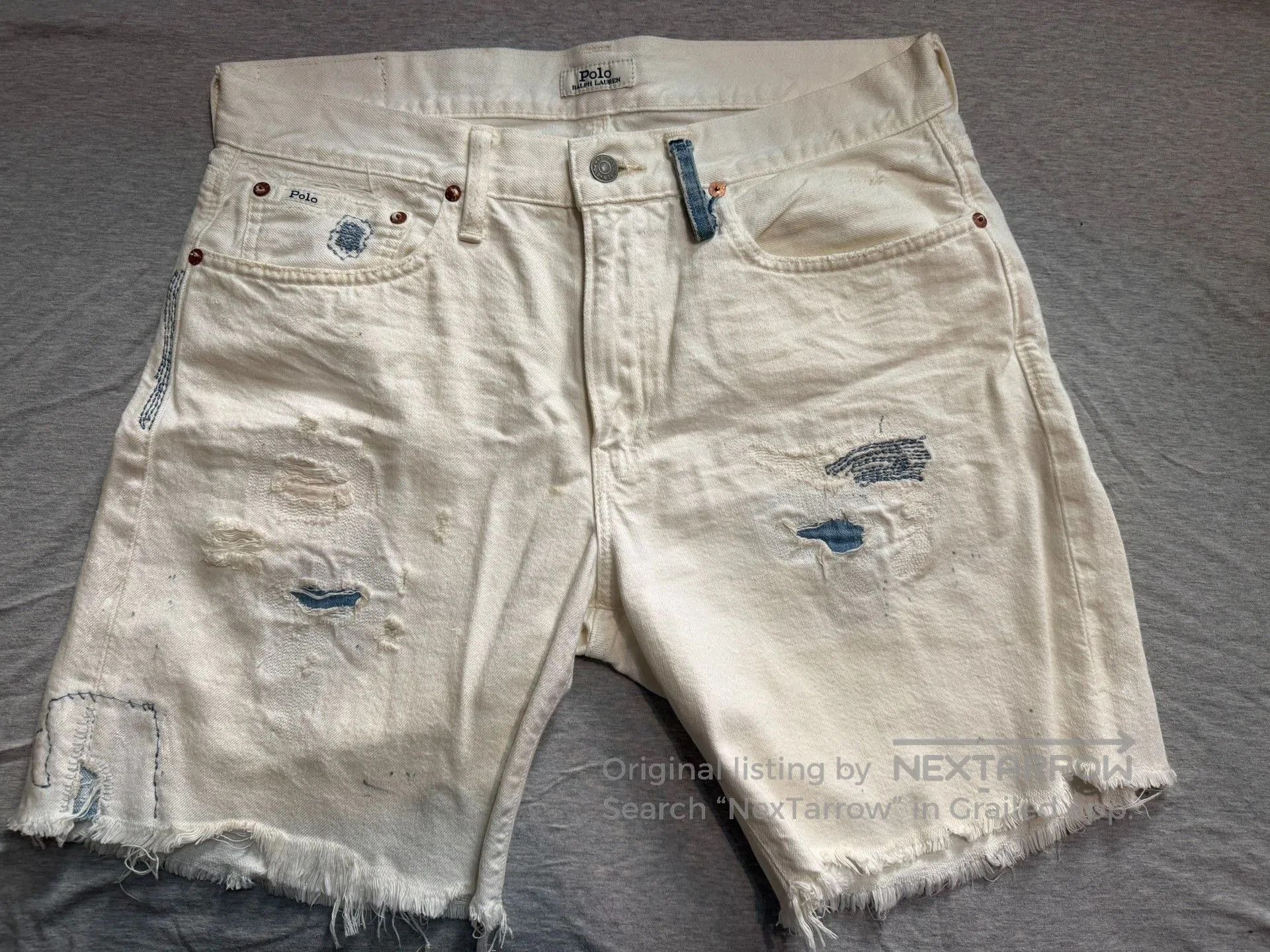 Polo Ralph Lauren Polo Washed Indigo Patch Distressed White Denim Shorts. Size US 32 / EU 48 - 1 Thumbnail