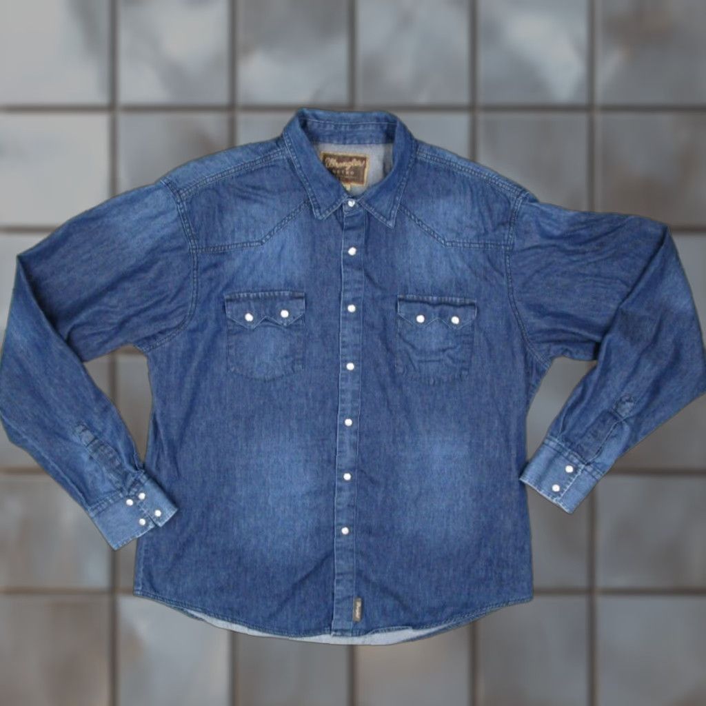 Wrangler Wrangler Shirt Men 2XL Blue Denim Button-Up Pearl Snaps Sawtooth Yoke Vintage No Size US XXL / EU 58 / 5 - 1 Thumbnail