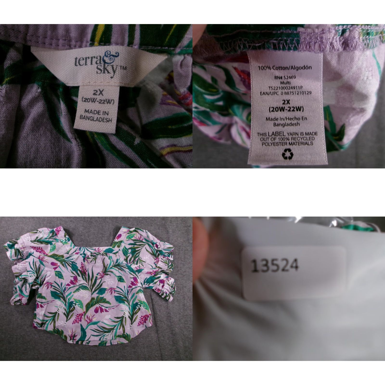 Vintage VINTAGE Terra & Sky Plus Blouse Womens 2X Cotton Floral Print Flutter Sleeves Boho Spring Green Purple Womens Size 3XL / US 20-22 - 8 Thumbnail