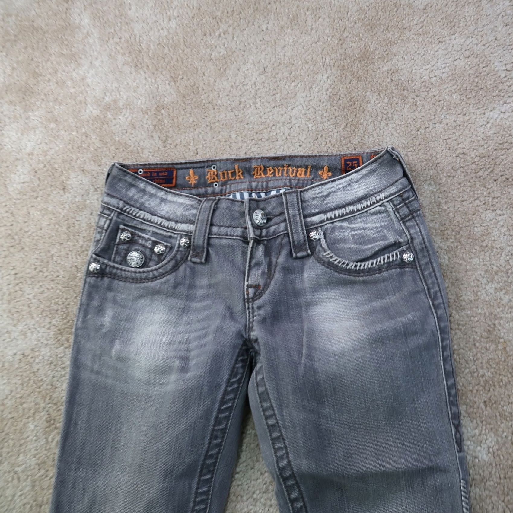 Vintage Rock Revival Celine Straight Jeans Womens 25 Gray Denim Stretch Regular 5-Pocket Leather Logo Men? Size 42" / US 20 - 2 Thumbnail