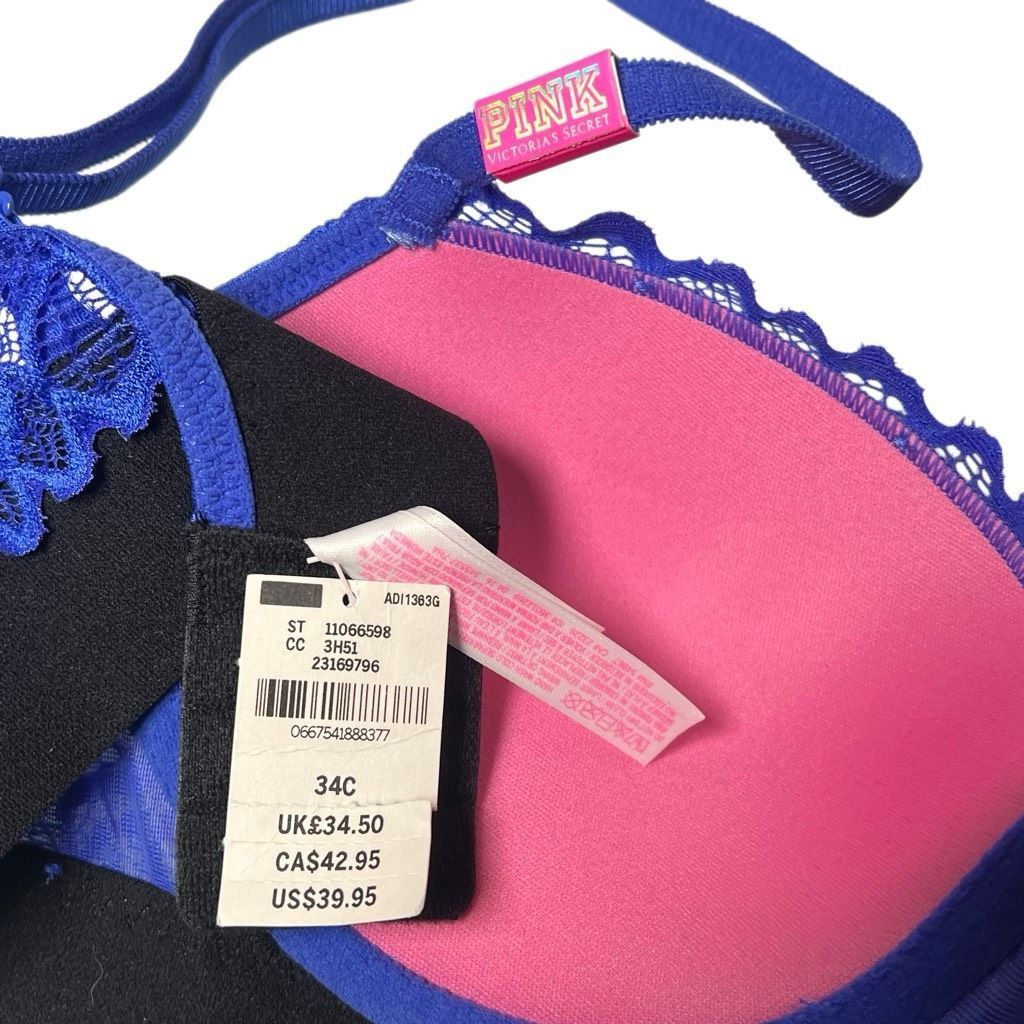 Victoria's Secret NWT Victoria’s Secret PINK Blue Floral Lace Push Up Bra 34C Size ONE SIZE - 7 Thumbnail