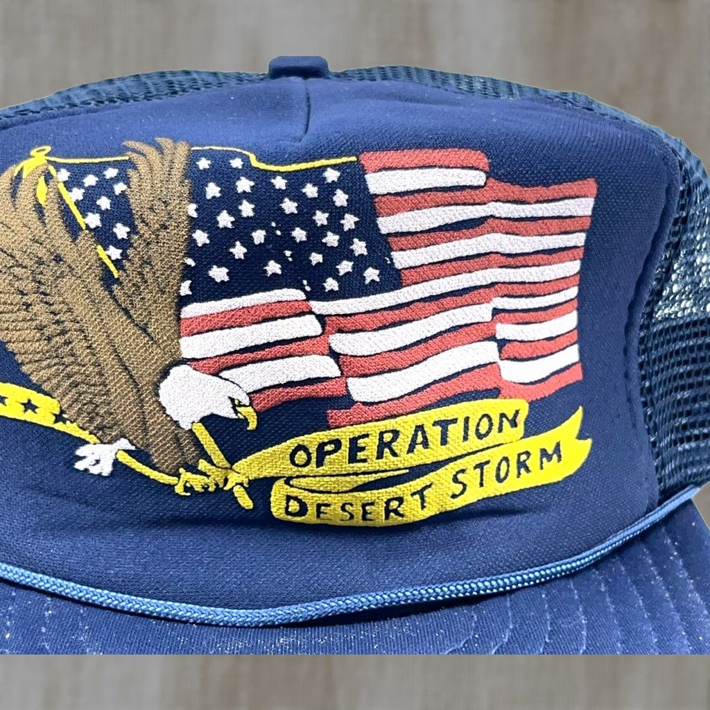 Vintage VINTAGE Desert Storm Trucker Hat Cap Snapback Puffy Print 90s Y2K USA Flag Rope Nike Shirt Hoodie? Size ONE SIZE - 1 Thumbnail