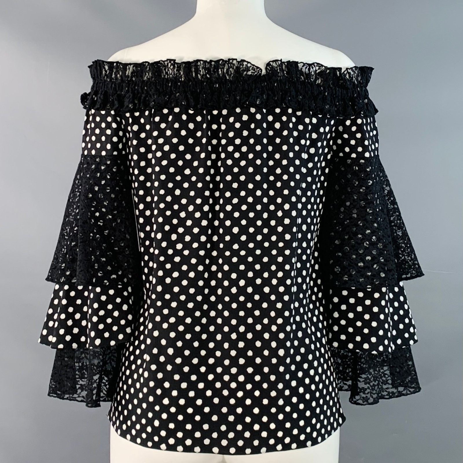 Michael Kors Black White Silk Polka Dot Layered Sleeves Off-Shoulder Size XS / US 0-2 / IT 36-38 - 3 Thumbnail
