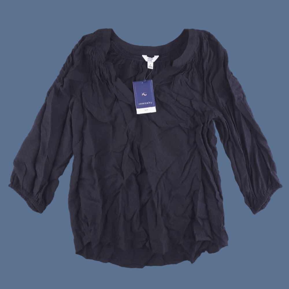 Vintage Crown & Ivy Women’s Tunic Blouse Solid Black Balloon Sleeve V-Neck Pullover S Small Casual Size S / US 4 / IT 40 - 1 Thumbnail