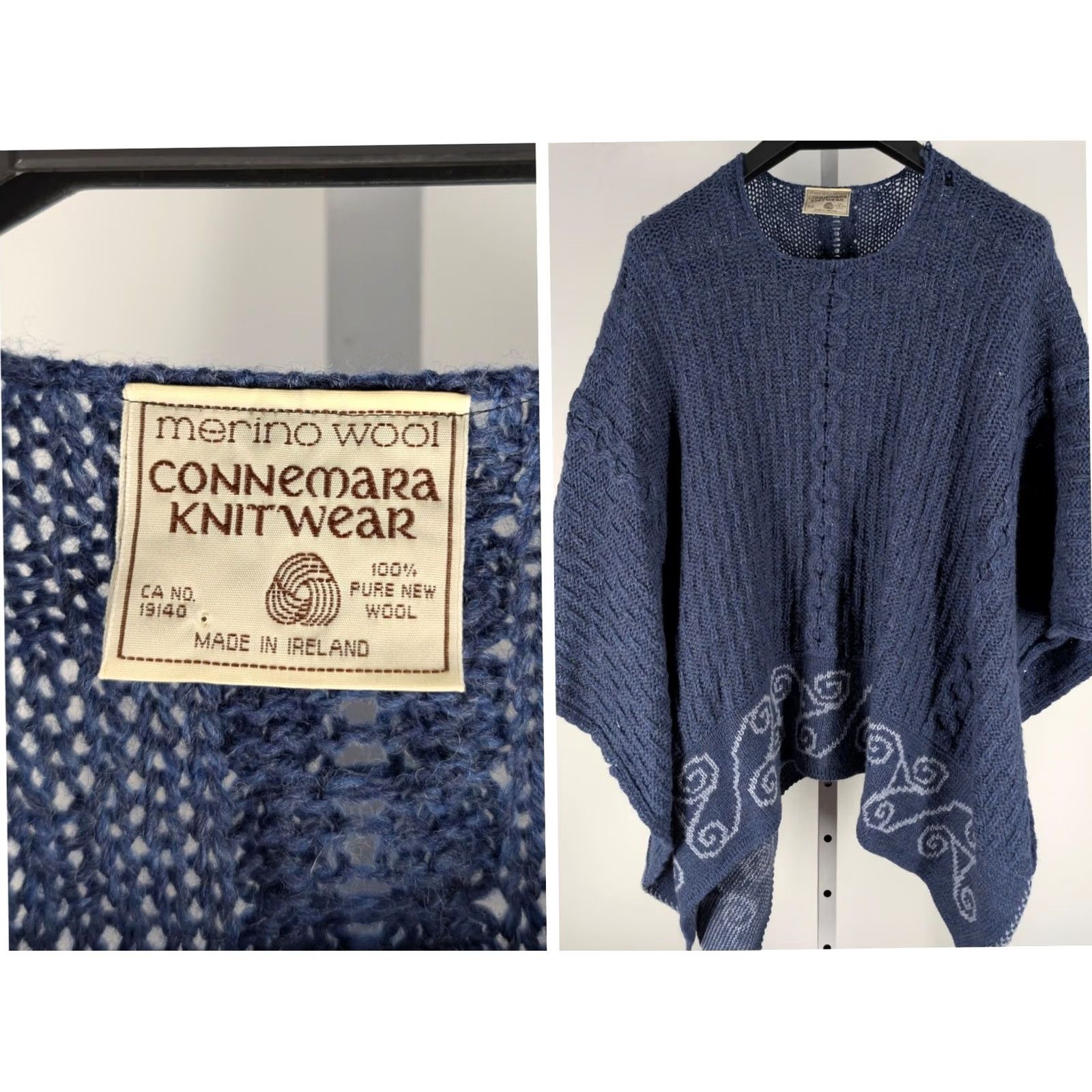 Vintage VINTAGE Connemara Ireland Merino Wool Poncho Cape Blue Celtic Scroll Knit OS Womens Size ONE SIZE - 2 Thumbnail