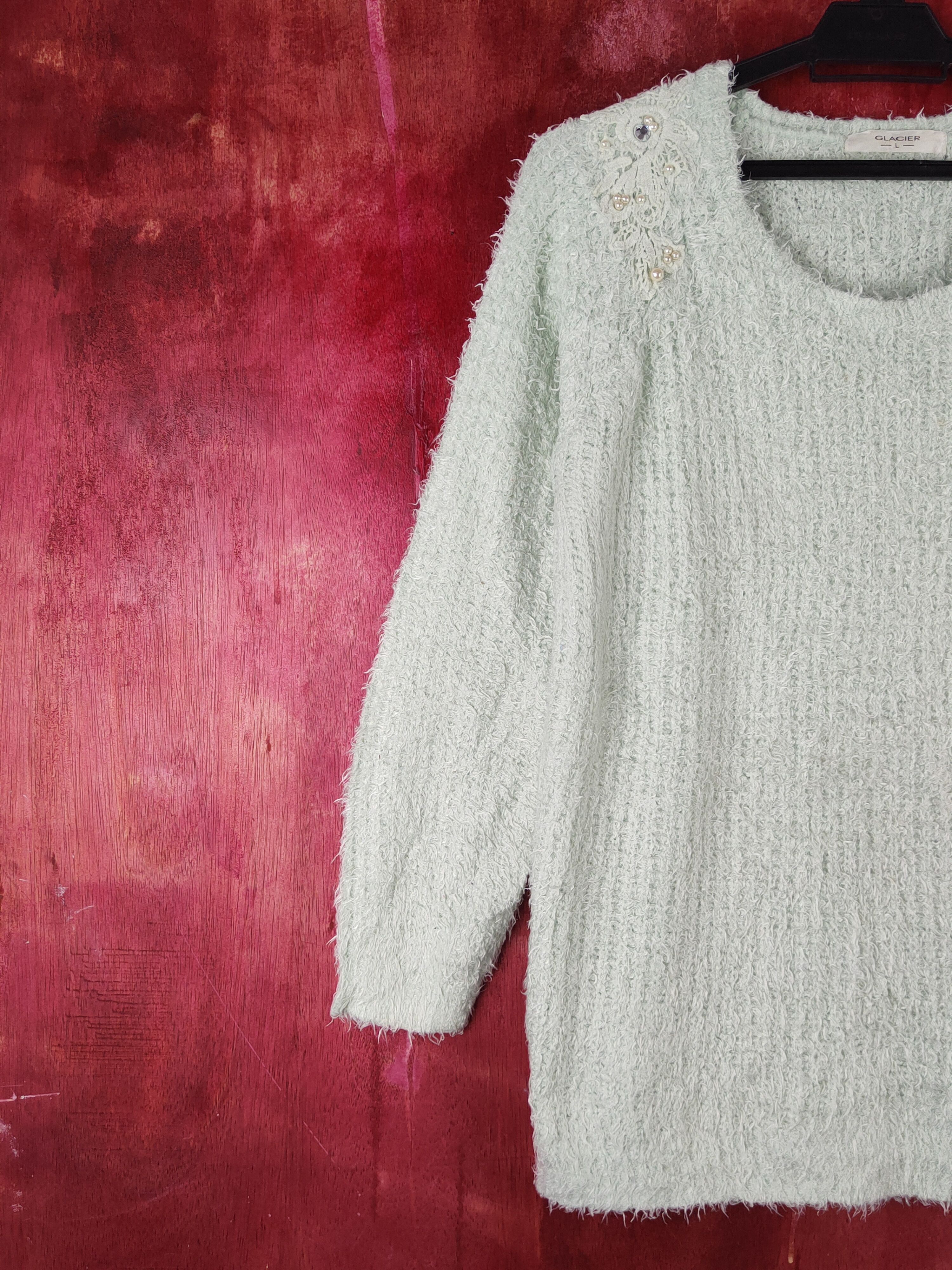Homespun Knitwear × Japanese Brand × Vintage Glacier Light Green Shag Shaggy Fur Mohair Knitwear #S1932 Size M / US 6-8 / IT 42-44 - 3 Thumbnail