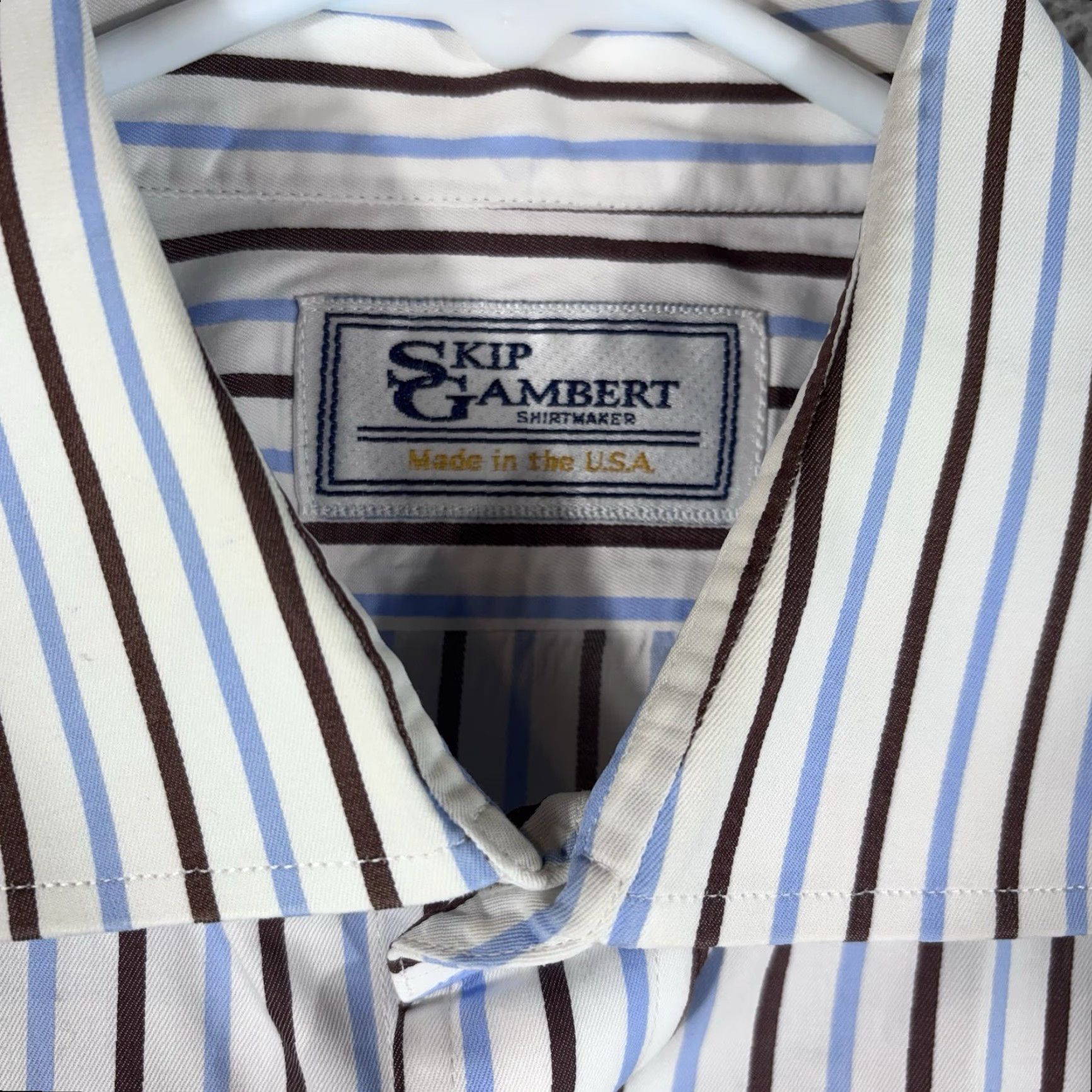Vintage Skip Gambert Dress Shirt Mens XL White/Brown/Blue Stripe Cotton French Cuff USA Shirt Mens XL White/Brown/Blue Stripe Cotton French Cuff USA Size 46R - 2 Thumbnail