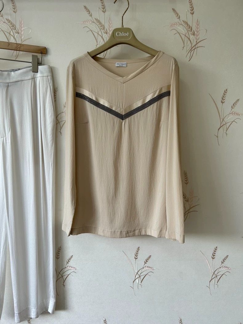 Loro Piana LORO PIANA Milk apricot colored pearl chain silk top Size L / US 10 / IT 46 - 1 Thumbnail